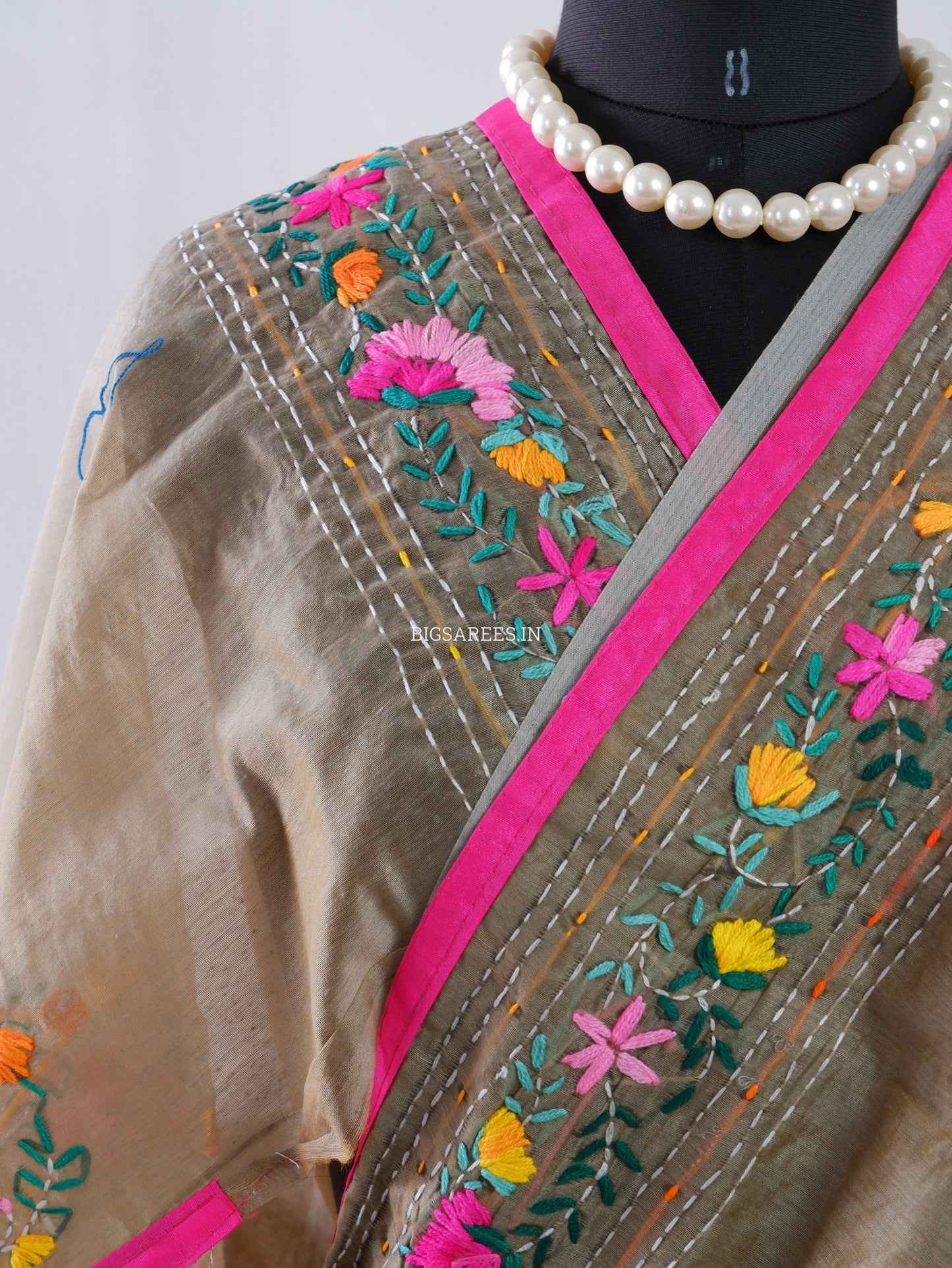 Phulkari Hand-Embroidered Saree | Chanderi Silk | Light Olive Green
