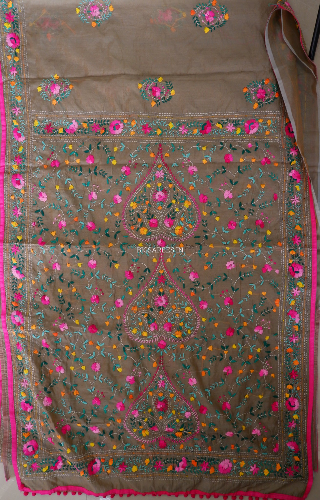 Phulkari Hand-Embroidered Saree | Chanderi Silk | Light Olive Green