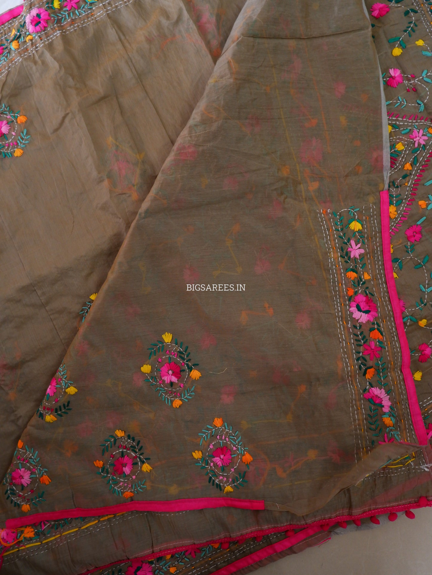 Phulkari Hand-Embroidered Saree | Chanderi Silk | Light Olive Green