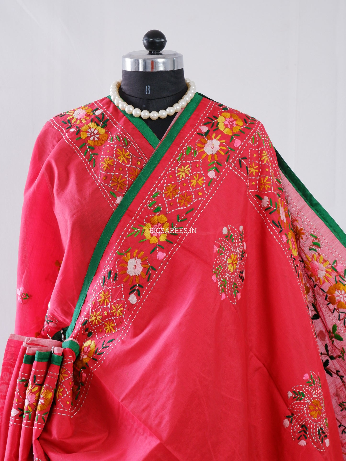Phulkari Hand-Embroidered Saree | Chanderi Silk | Red