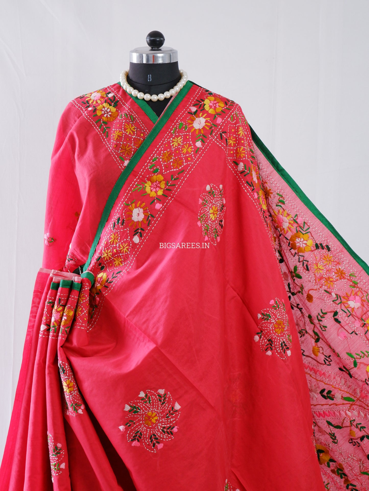 Phulkari Hand-Embroidered Saree | Chanderi Silk | Red