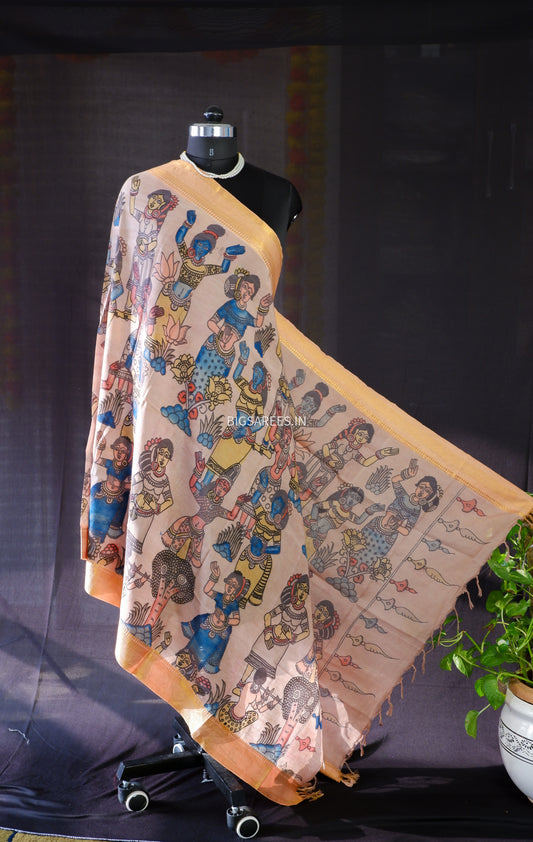 Pen Kalamkari Hand Painted Bangalore Silk Dupatta/Neutral Dark Pink/36"