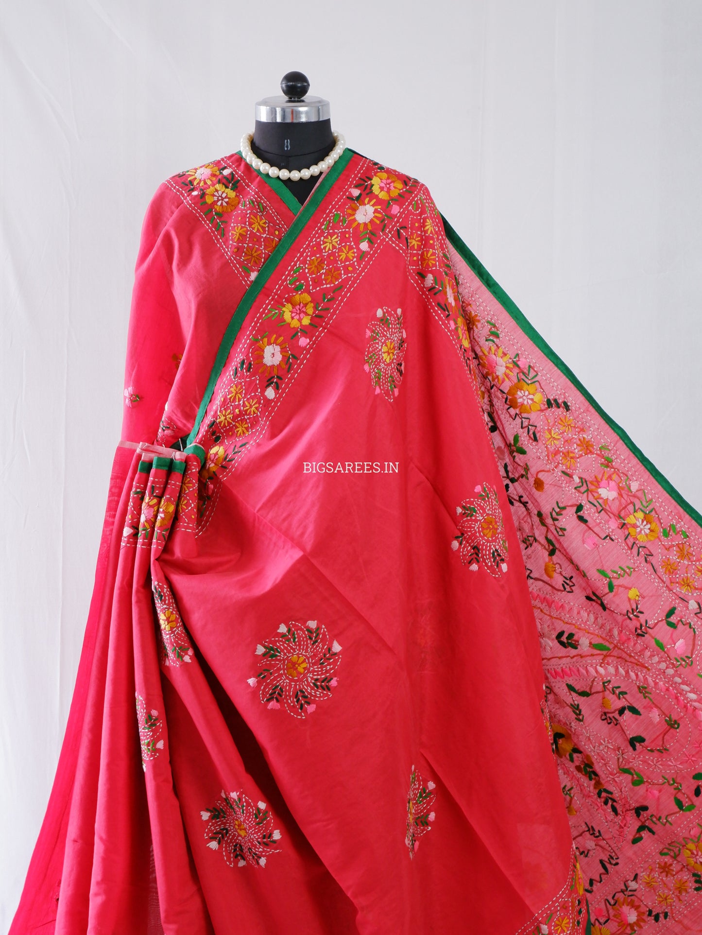 Phulkari Hand-Embroidered Saree | Chanderi Silk | Red