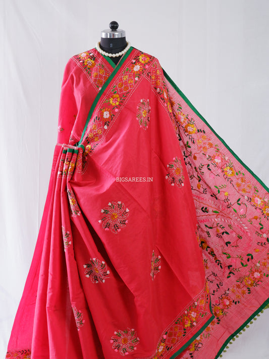 Phulkari Hand-Embroidered Saree | Chanderi Silk | Red