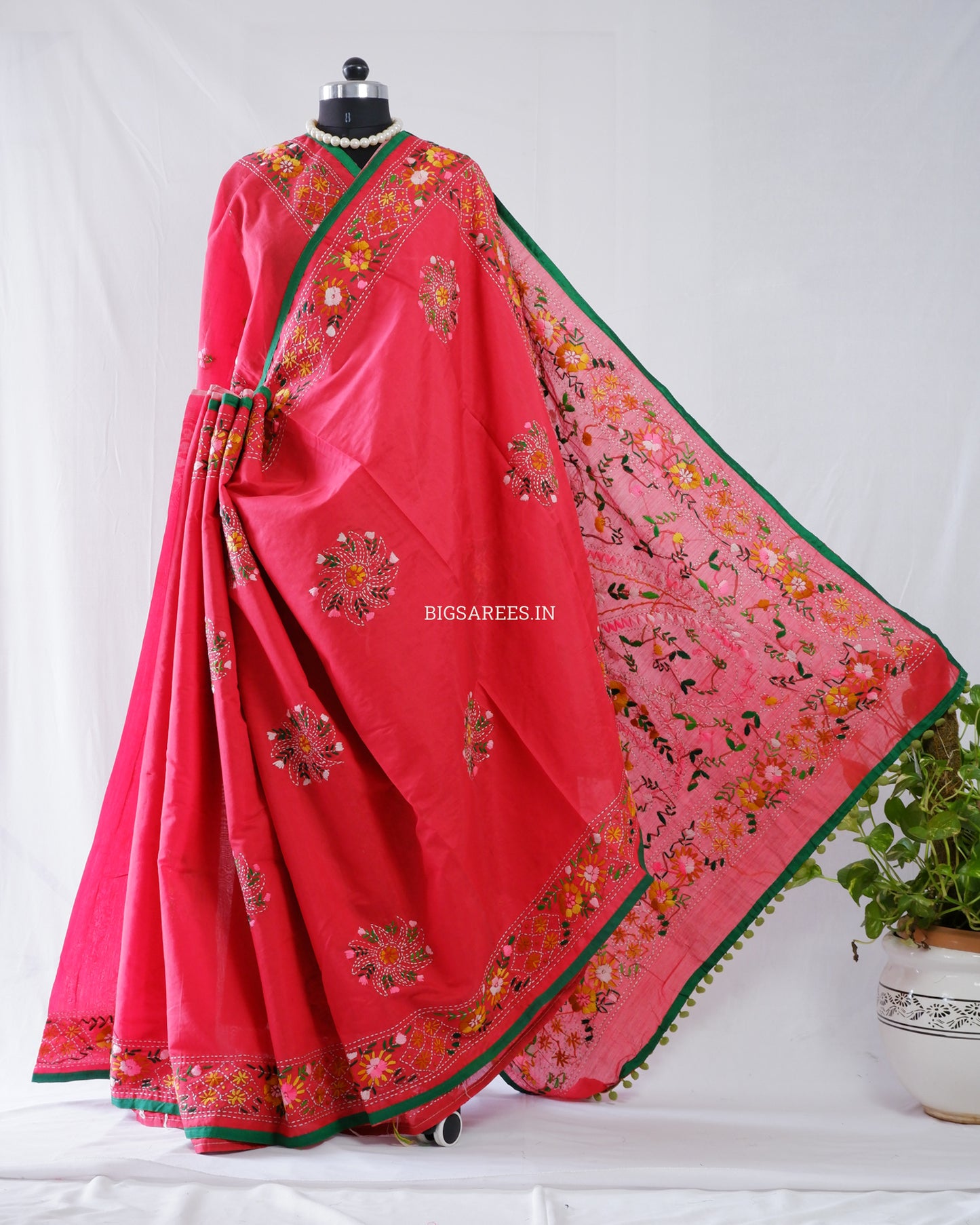 Phulkari Hand-Embroidered Saree | Chanderi Silk | Red