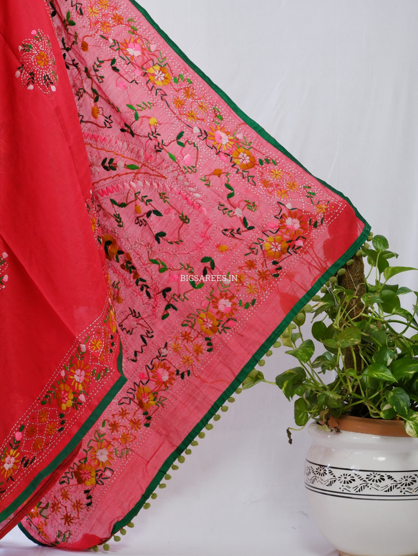 Phulkari Hand-Embroidered Saree | Chanderi Silk | Red