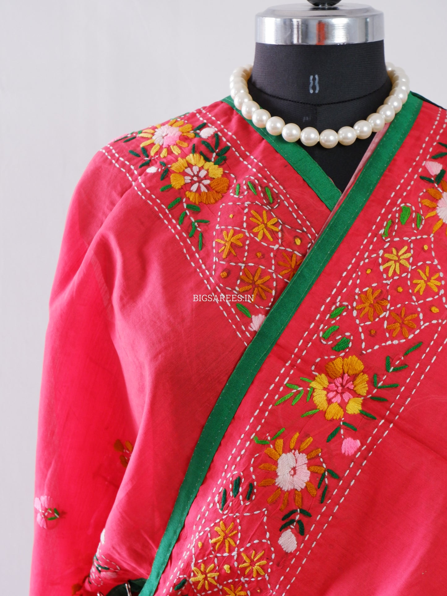 Phulkari Hand-Embroidered Saree | Chanderi Silk | Red