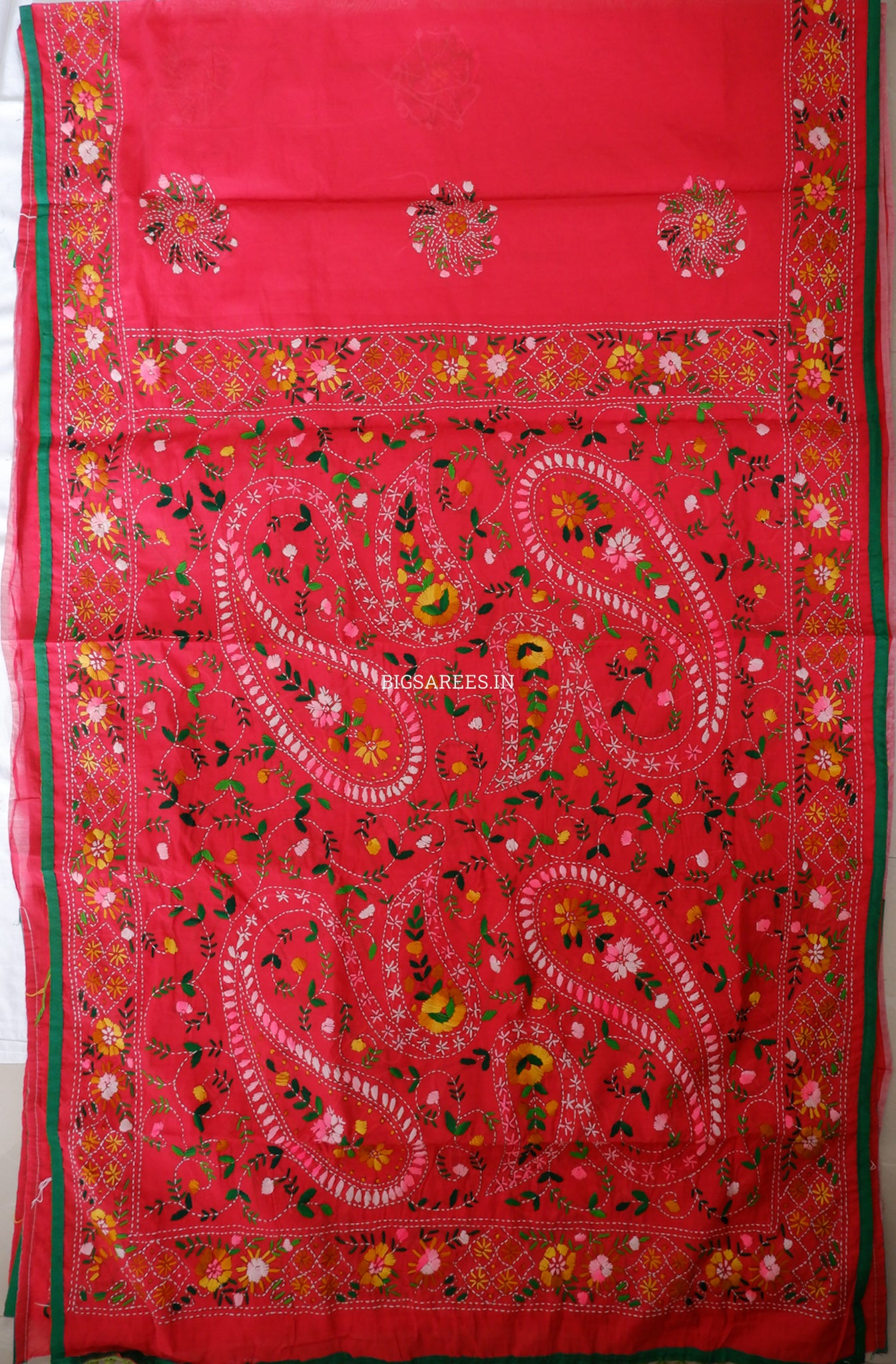 Phulkari Hand-Embroidered Saree | Chanderi Silk | Red