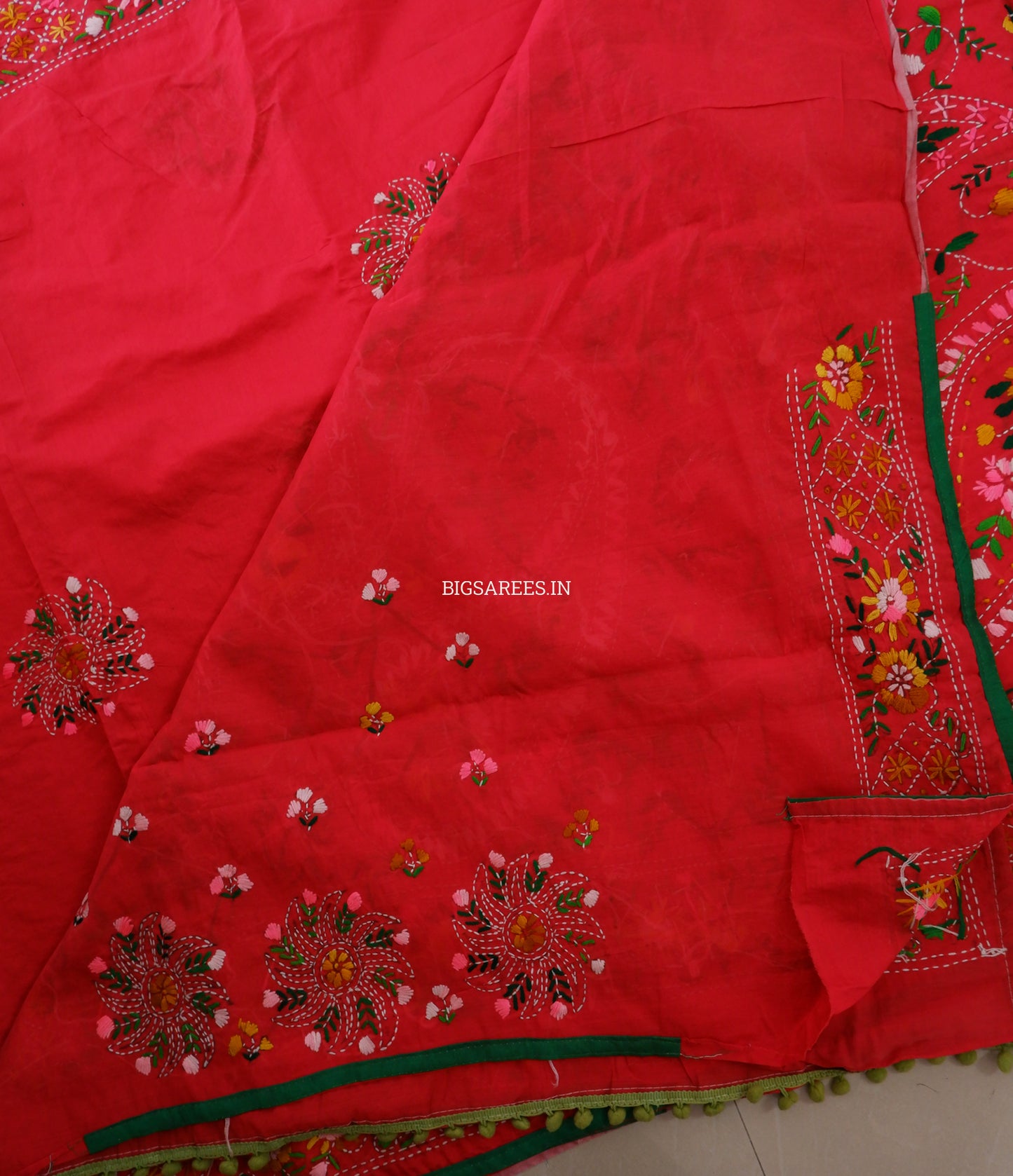 Phulkari Hand-Embroidered Saree | Chanderi Silk | Red