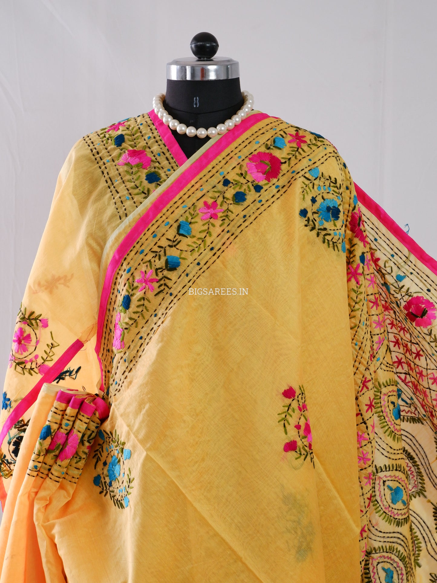 Phulkari Hand-Embroidered Saree | Chanderi Silk | Yellow