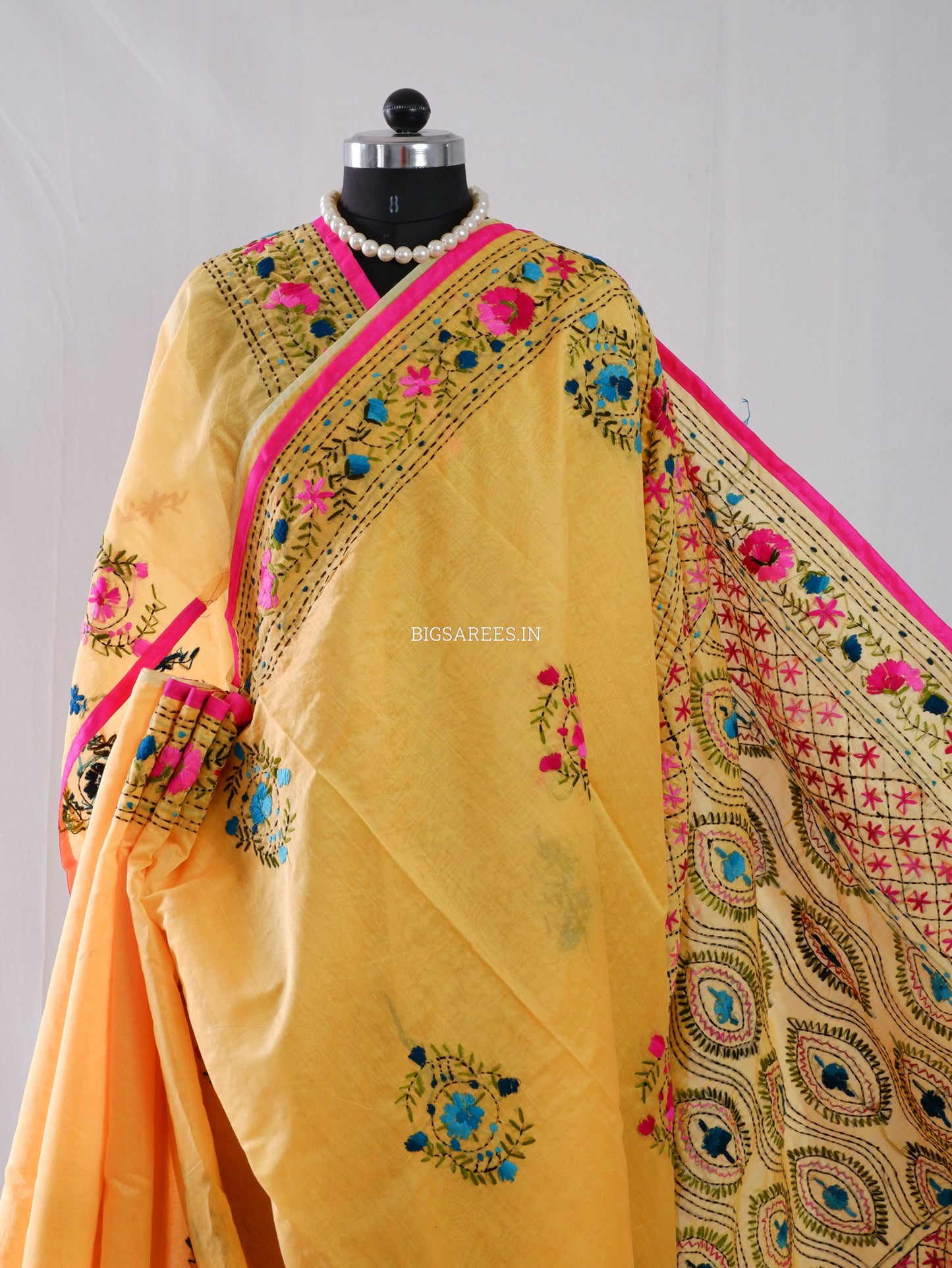 Phulkari Hand-Embroidered Saree | Chanderi Silk | Yellow