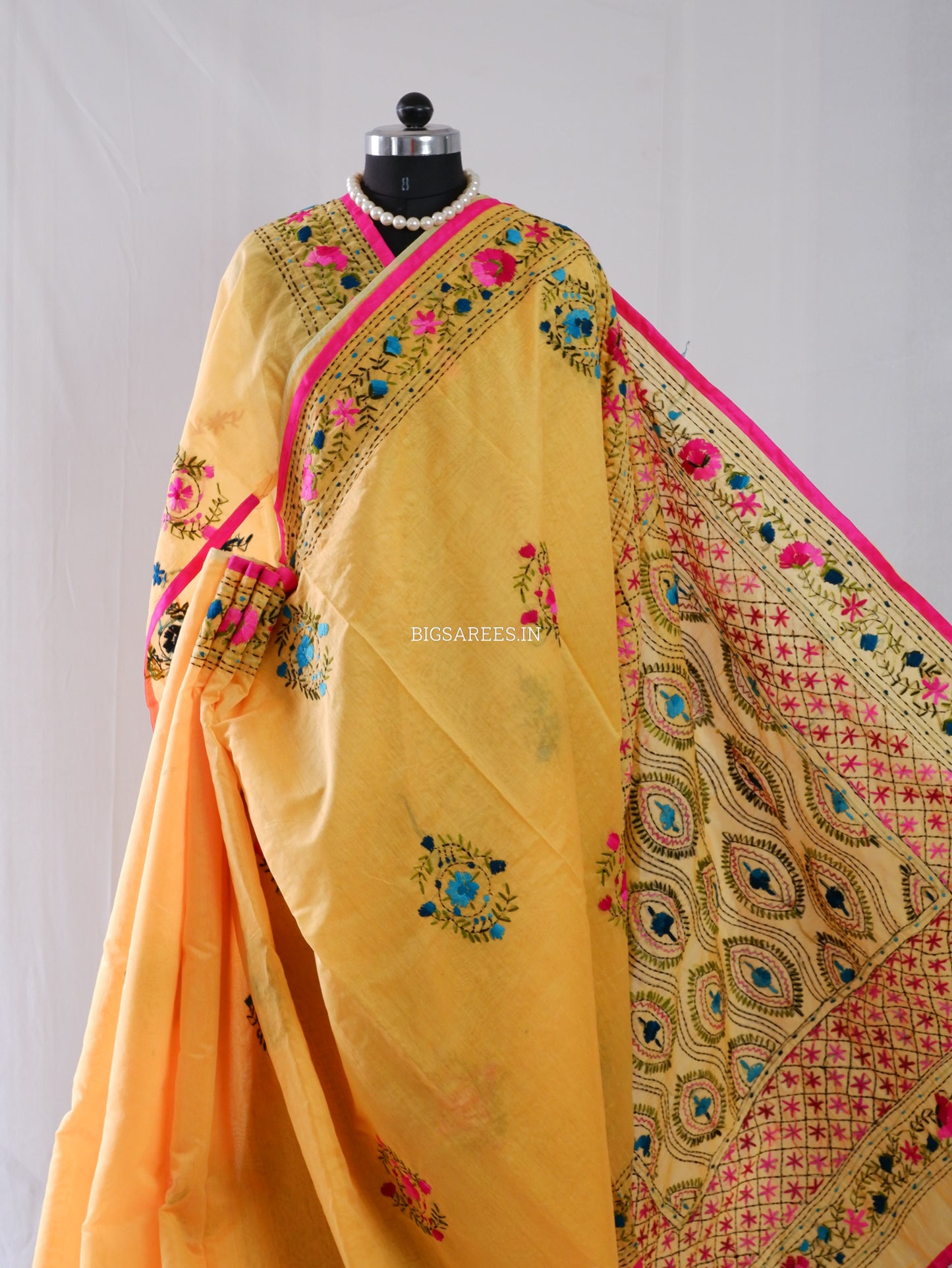 Phulkari Hand-Embroidered Saree | Chanderi Silk | Yellow