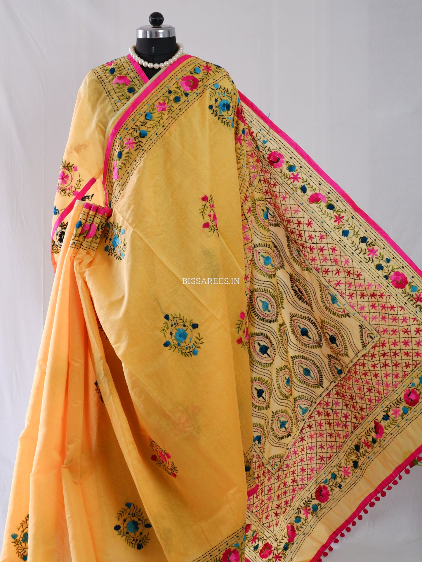 Phulkari Hand-Embroidered Saree | Chanderi Silk | Yellow