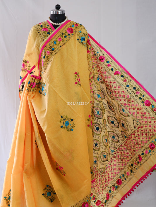 Phulkari Hand-Embroidered Saree | Chanderi Silk | Yellow