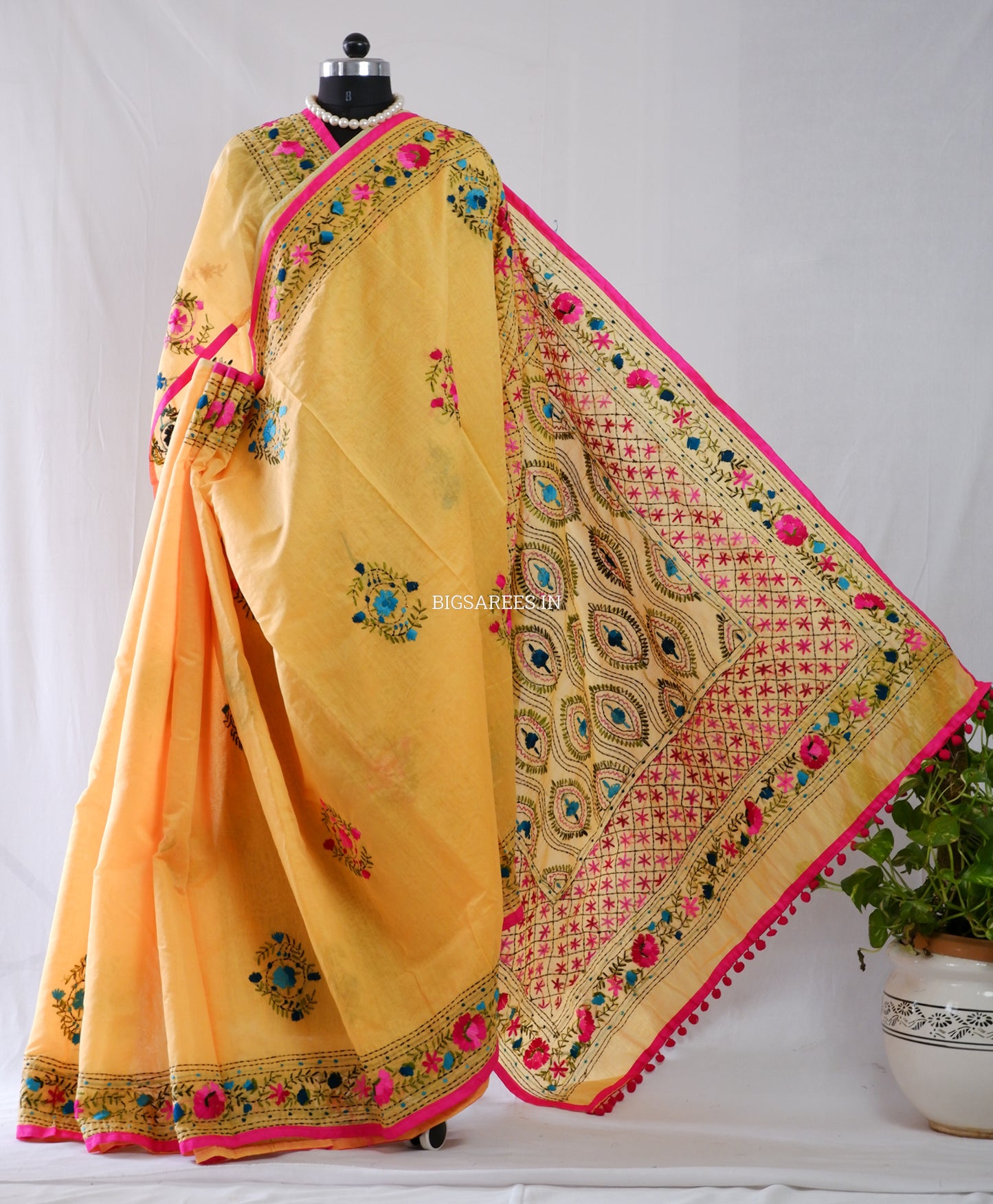 Phulkari Hand-Embroidered Saree | Chanderi Silk | Yellow