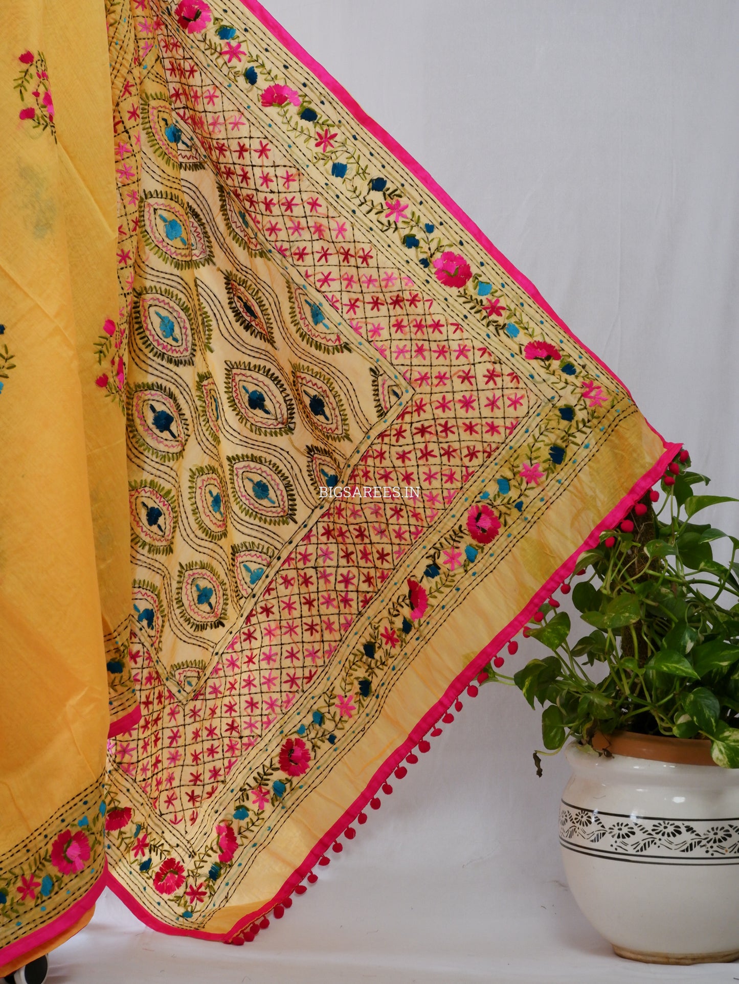 Phulkari Hand-Embroidered Saree | Chanderi Silk | Yellow