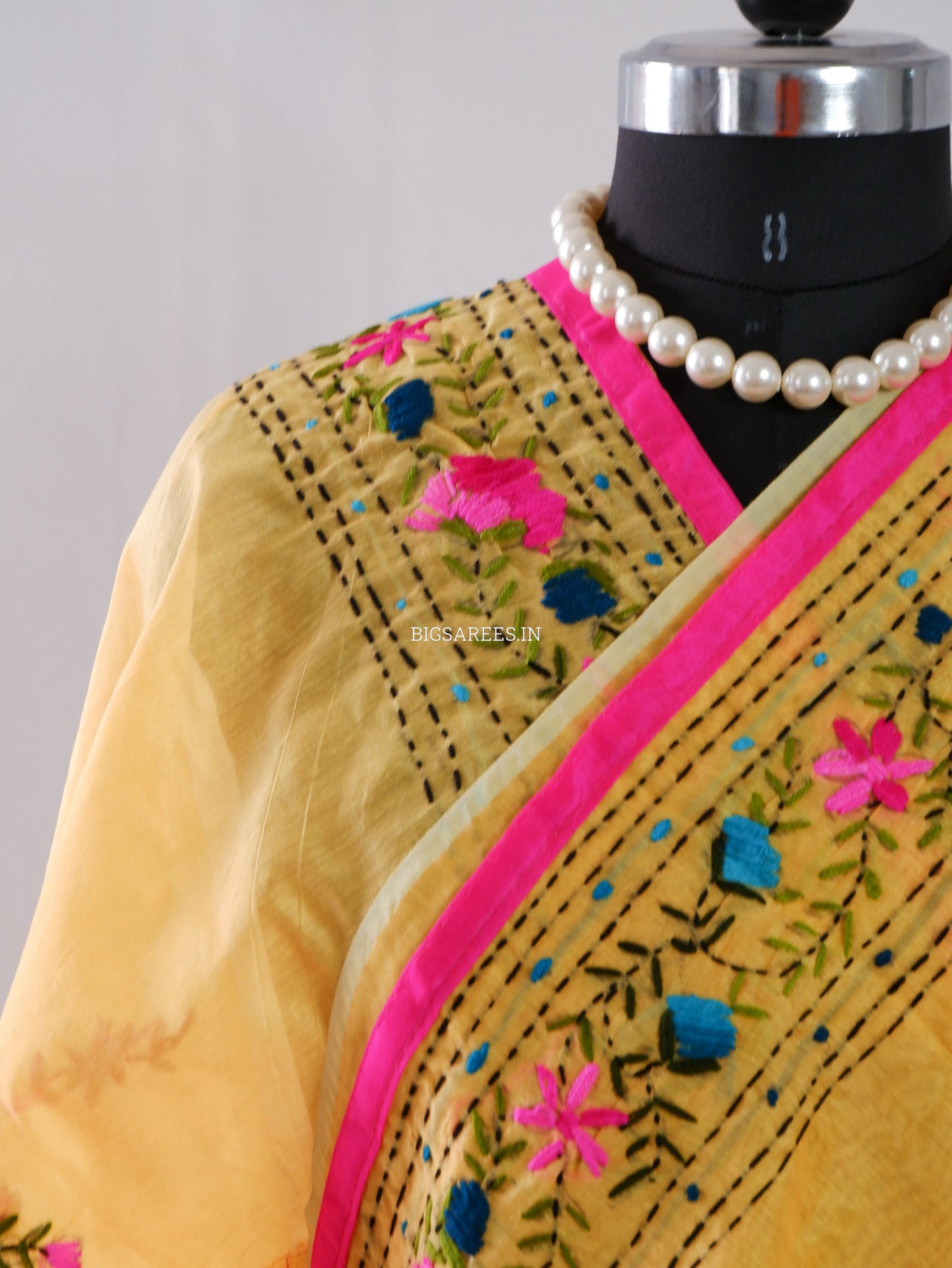 Phulkari Hand-Embroidered Saree | Chanderi Silk | Yellow