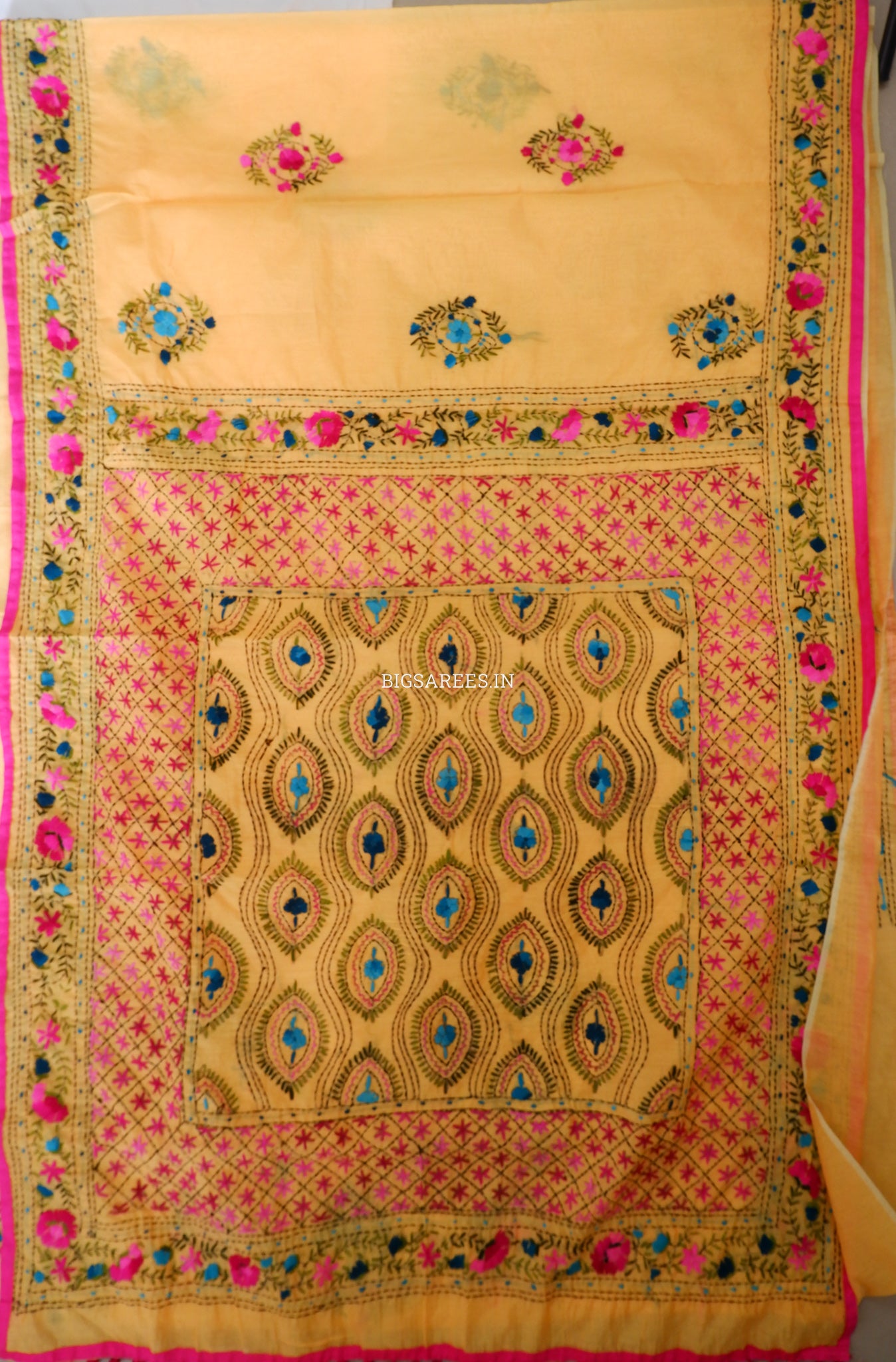 Phulkari Hand-Embroidered Saree | Chanderi Silk | Yellow