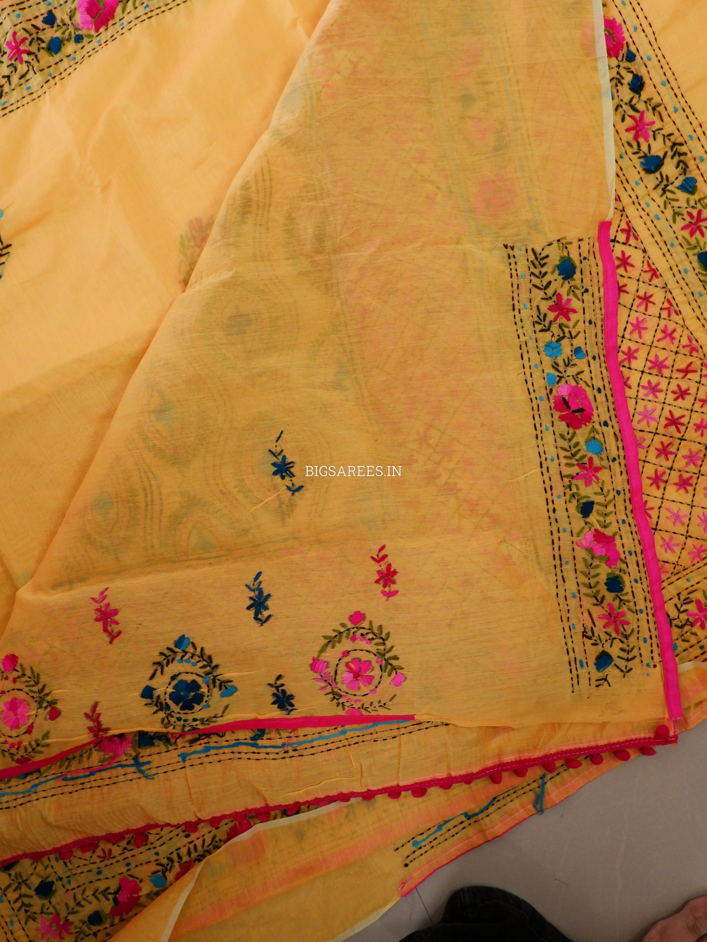 Phulkari Hand-Embroidered Saree | Chanderi Silk | Yellow