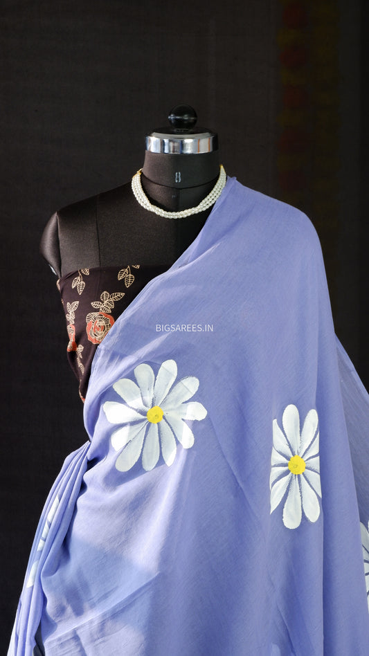 Hand Painted Mul Cotton Saree with Blouse | Purple