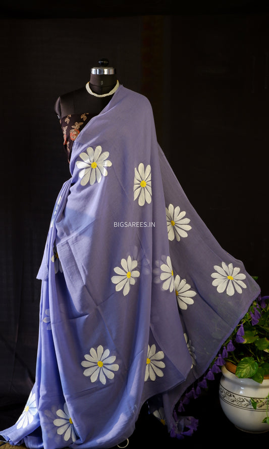 Hand Painted Mul Cotton Saree with Blouse | Purple