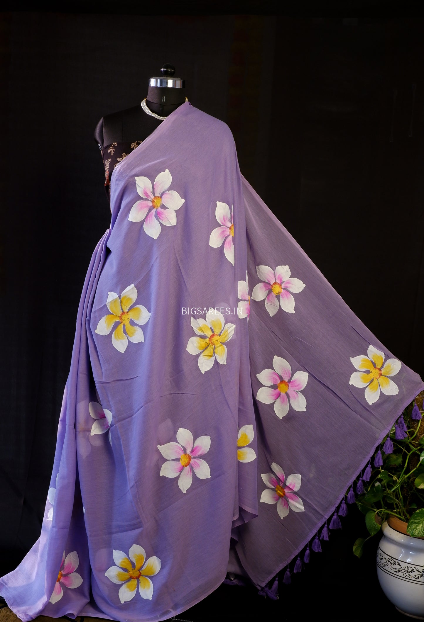 Hand Painted Mul Cotton Saree with Blouse | Faded Purple