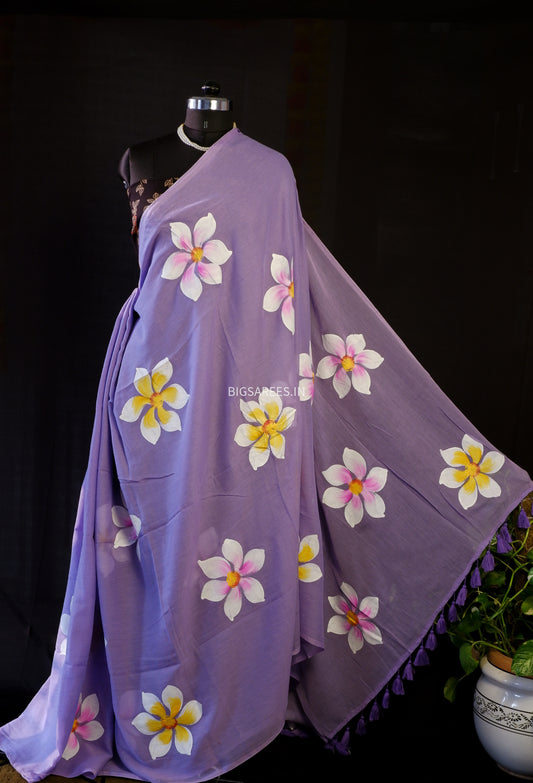 Hand Painted Mul Cotton Saree with Blouse | Faded Purple