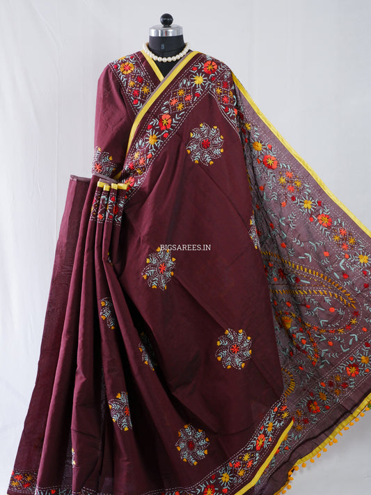 Phulkari Hand-Embroidered Saree | Chanderi Silk | Deep Maroon