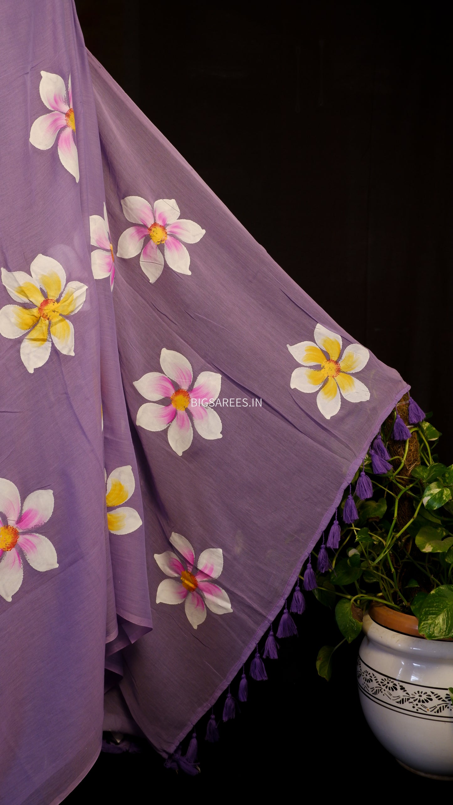 Hand Painted Mul Cotton Saree with Blouse | Faded Purple