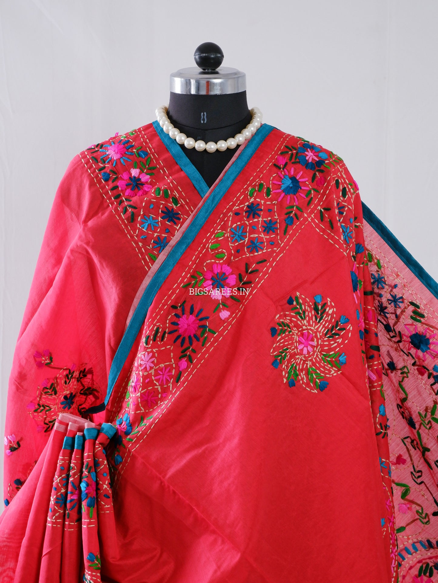 Phulkari Hand-Embroidered Saree | Chanderi Silk | Red