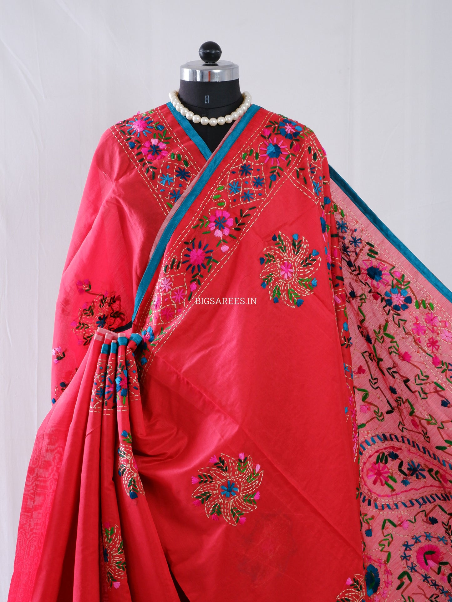 Phulkari Hand-Embroidered Saree | Chanderi Silk | Red