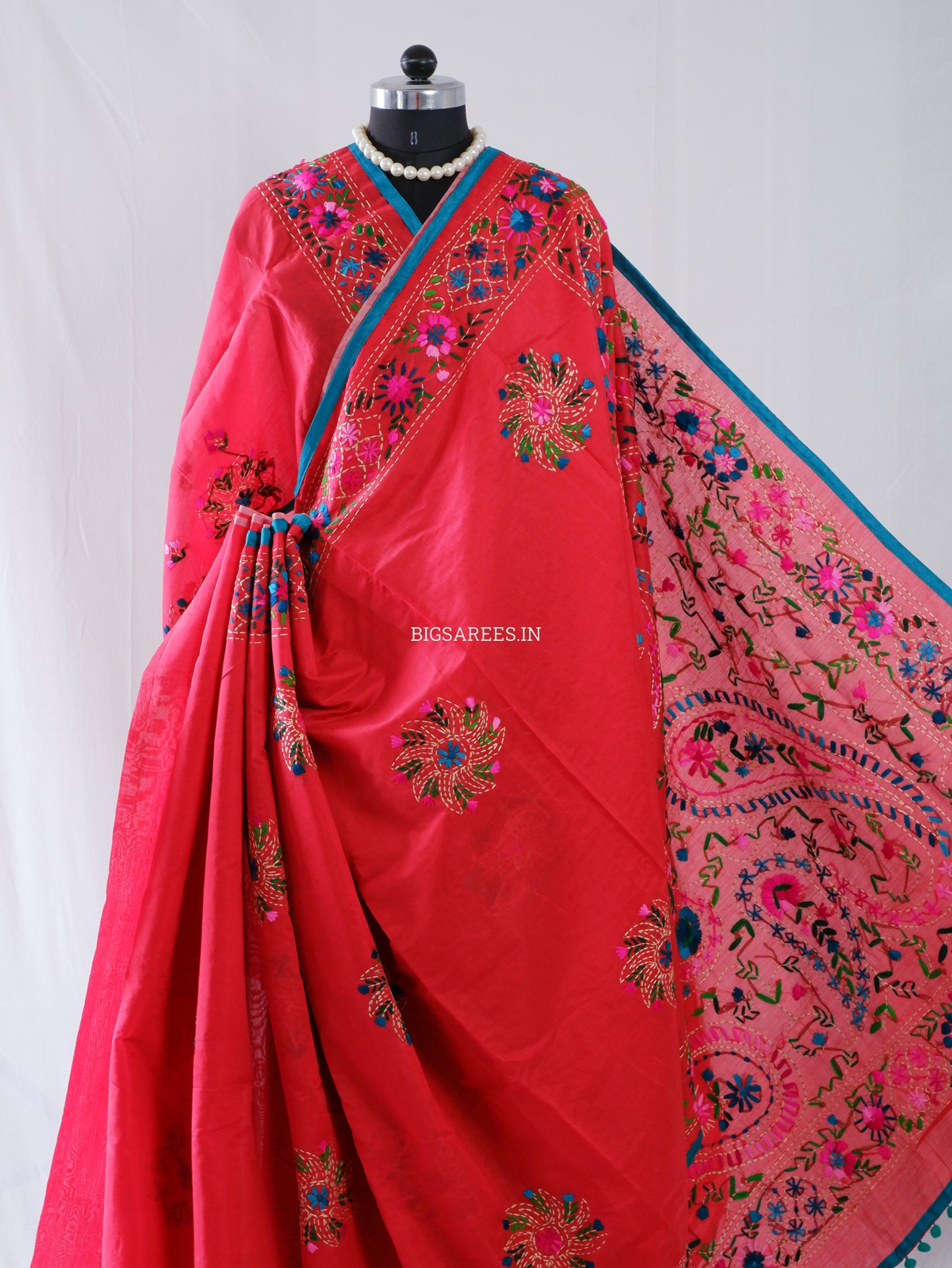 Phulkari Hand-Embroidered Saree | Chanderi Silk | Red