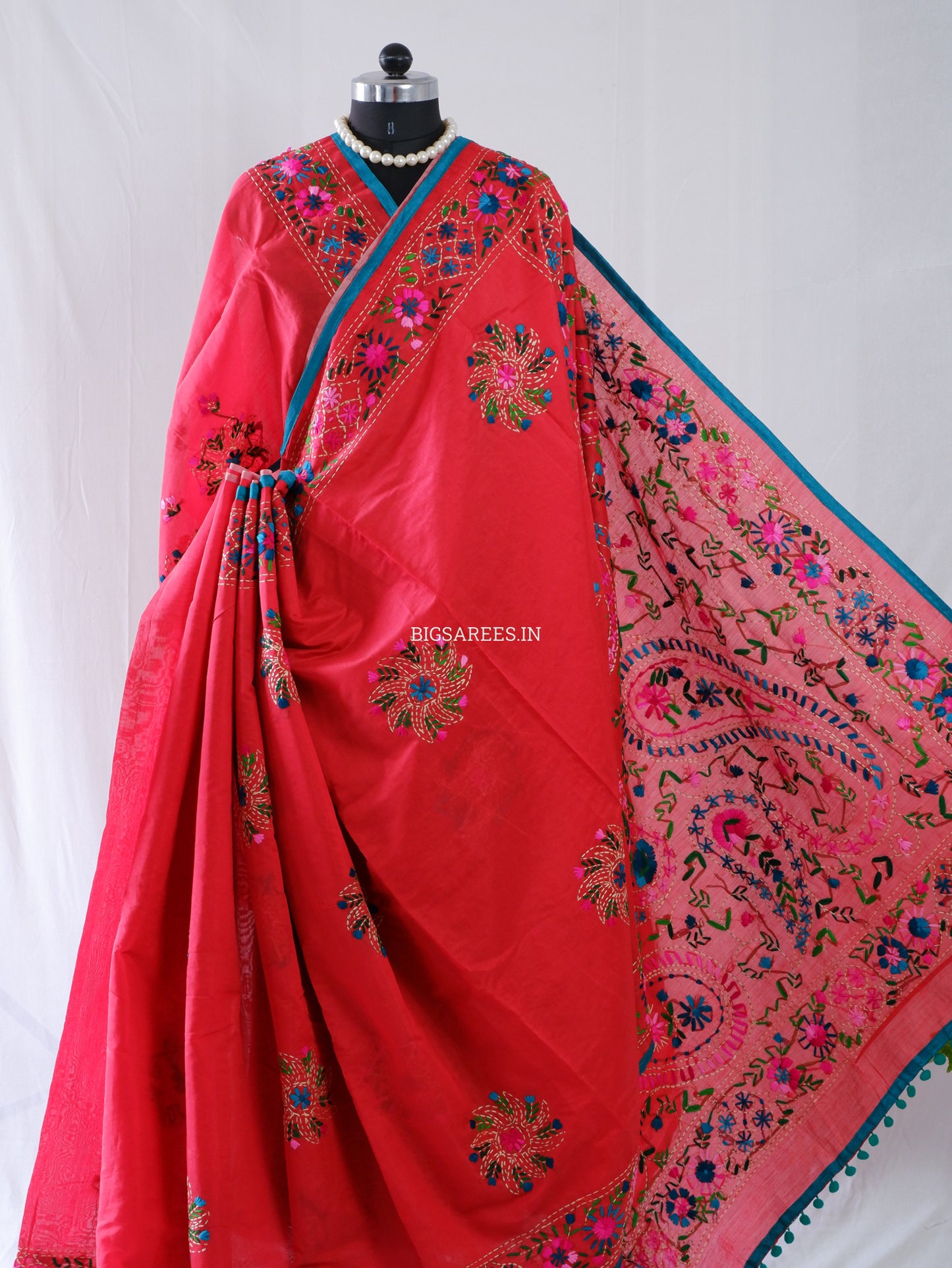 Phulkari Hand-Embroidered Saree | Chanderi Silk | Red