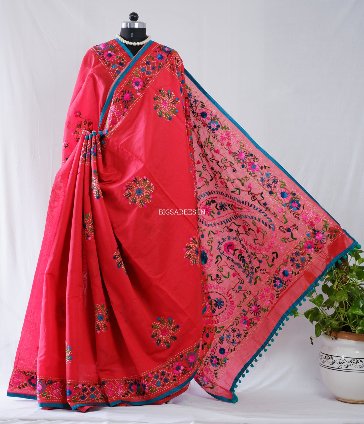 Phulkari Hand-Embroidered Saree | Chanderi Silk | Red