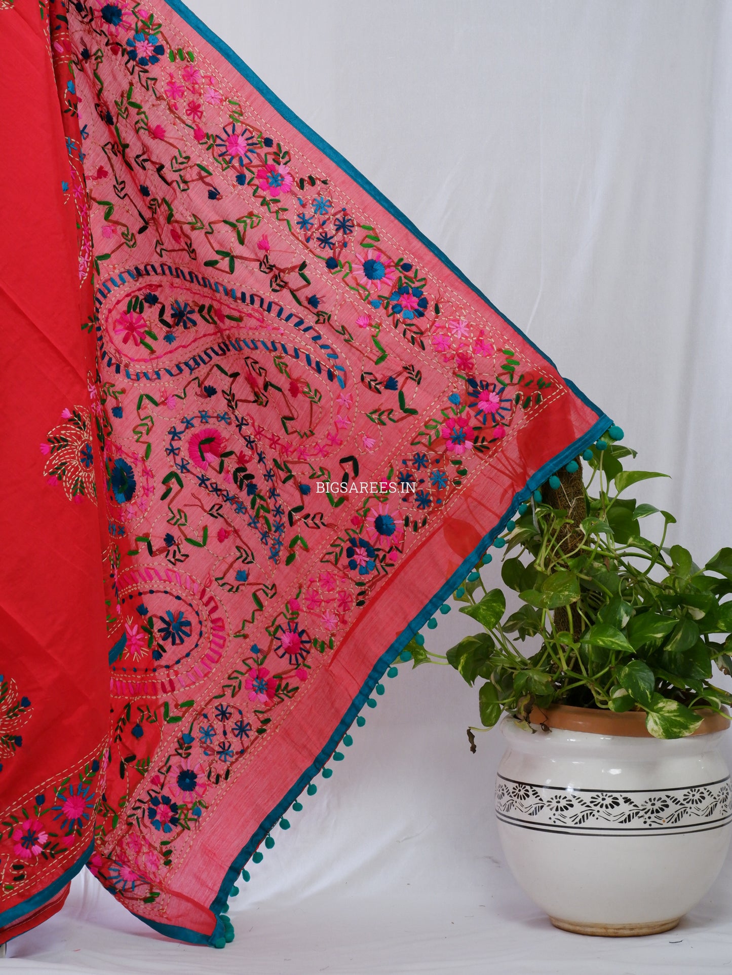 Phulkari Hand-Embroidered Saree | Chanderi Silk | Red
