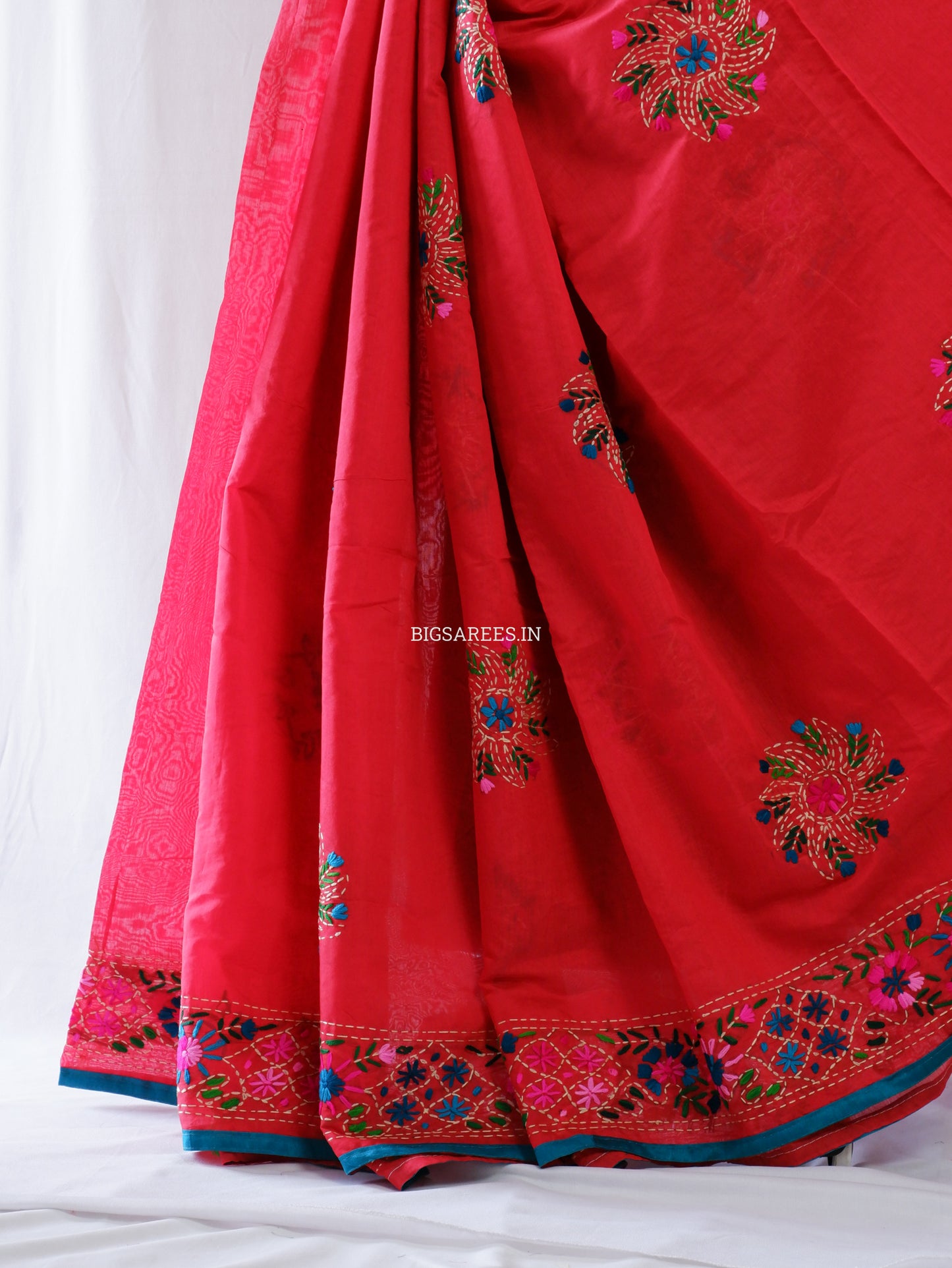 Phulkari Hand-Embroidered Saree | Chanderi Silk | Red