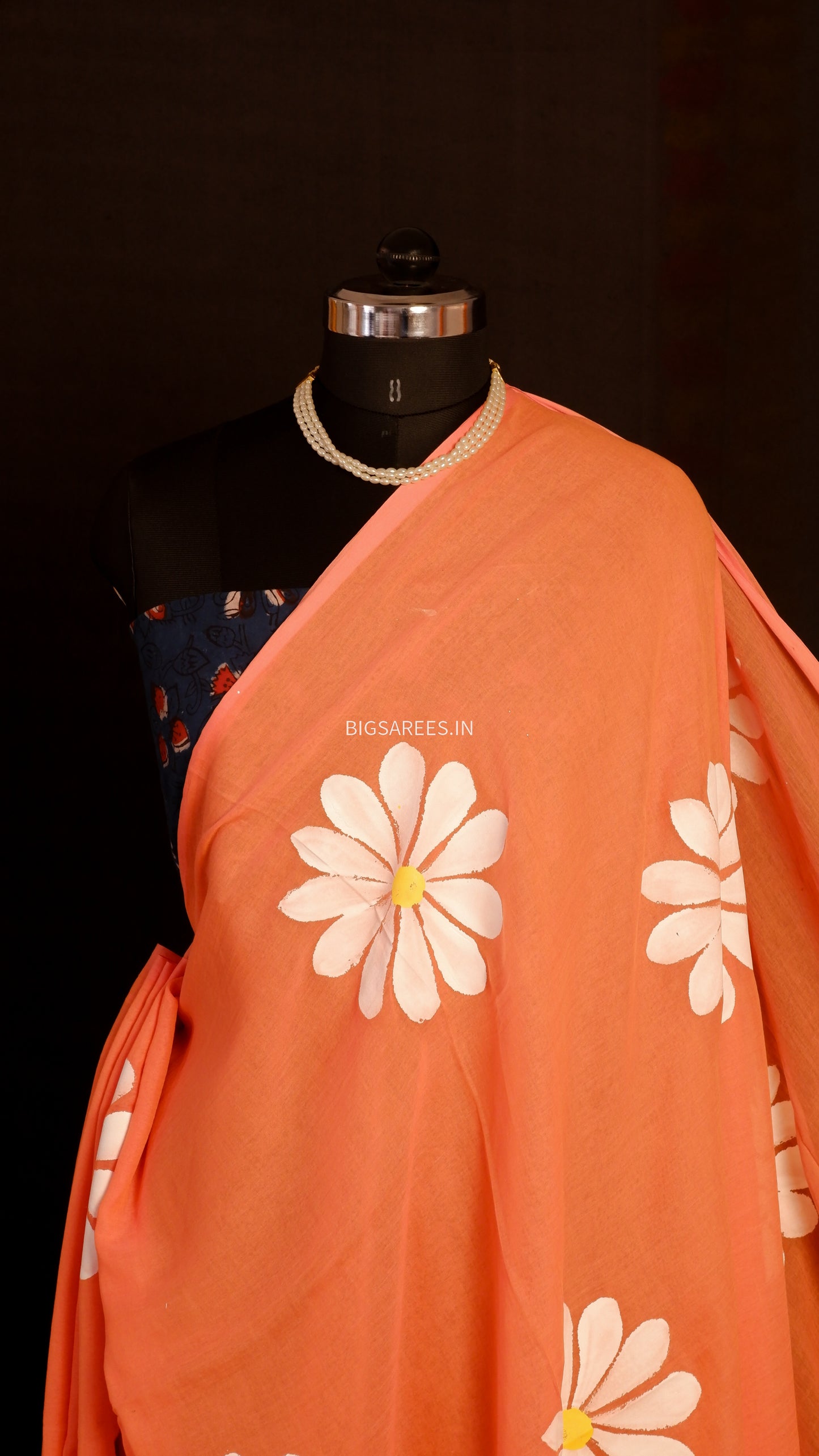 Hand Painted Mul Cotton Saree with Blouse | Orange