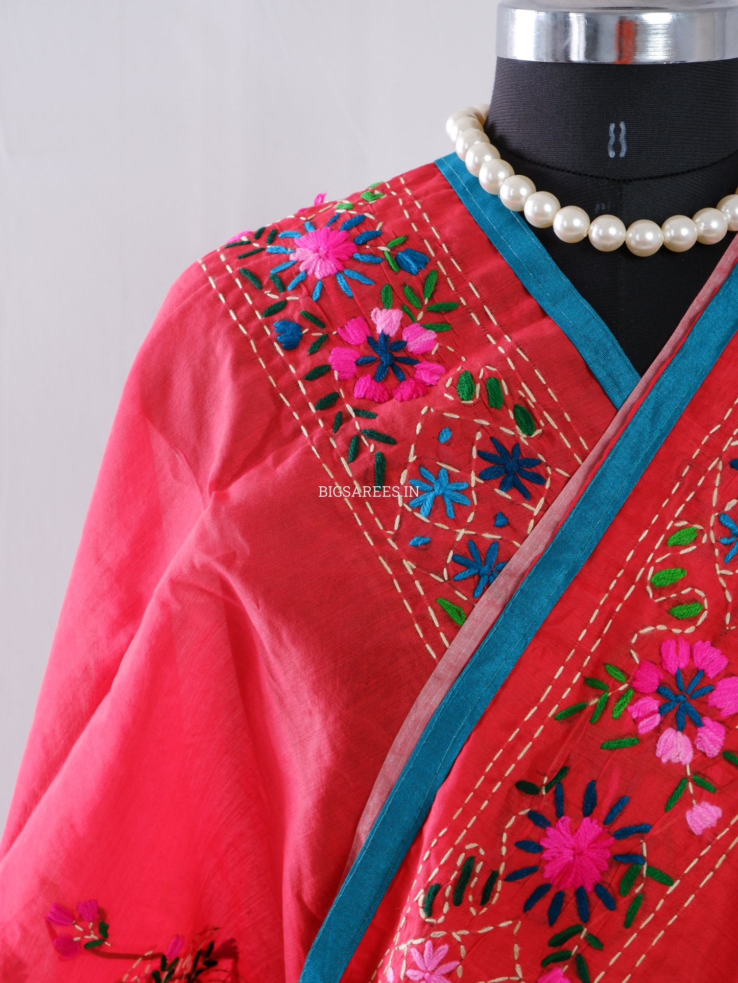 Phulkari Hand-Embroidered Saree | Chanderi Silk | Red