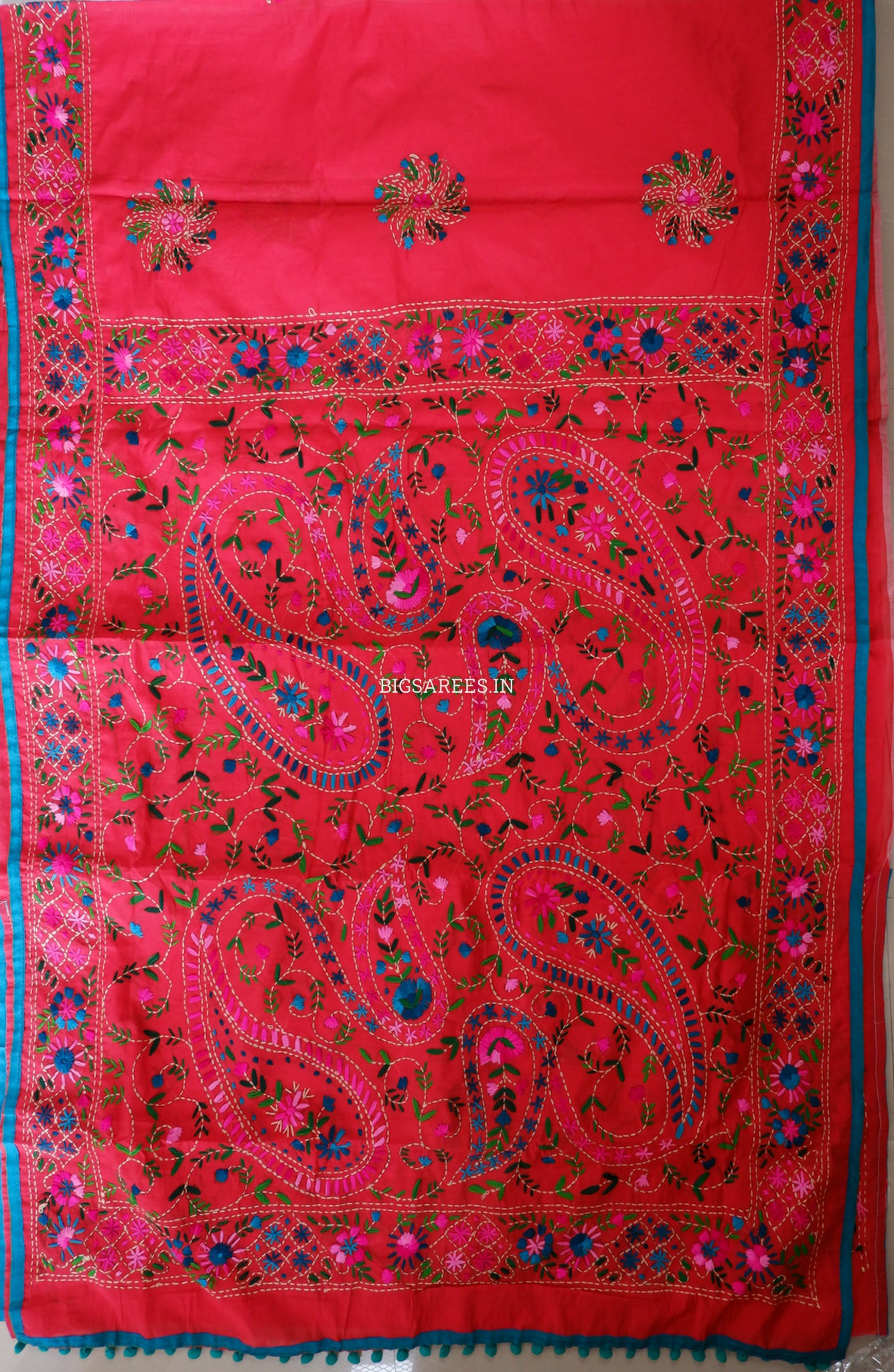 Phulkari Hand-Embroidered Saree | Chanderi Silk | Red