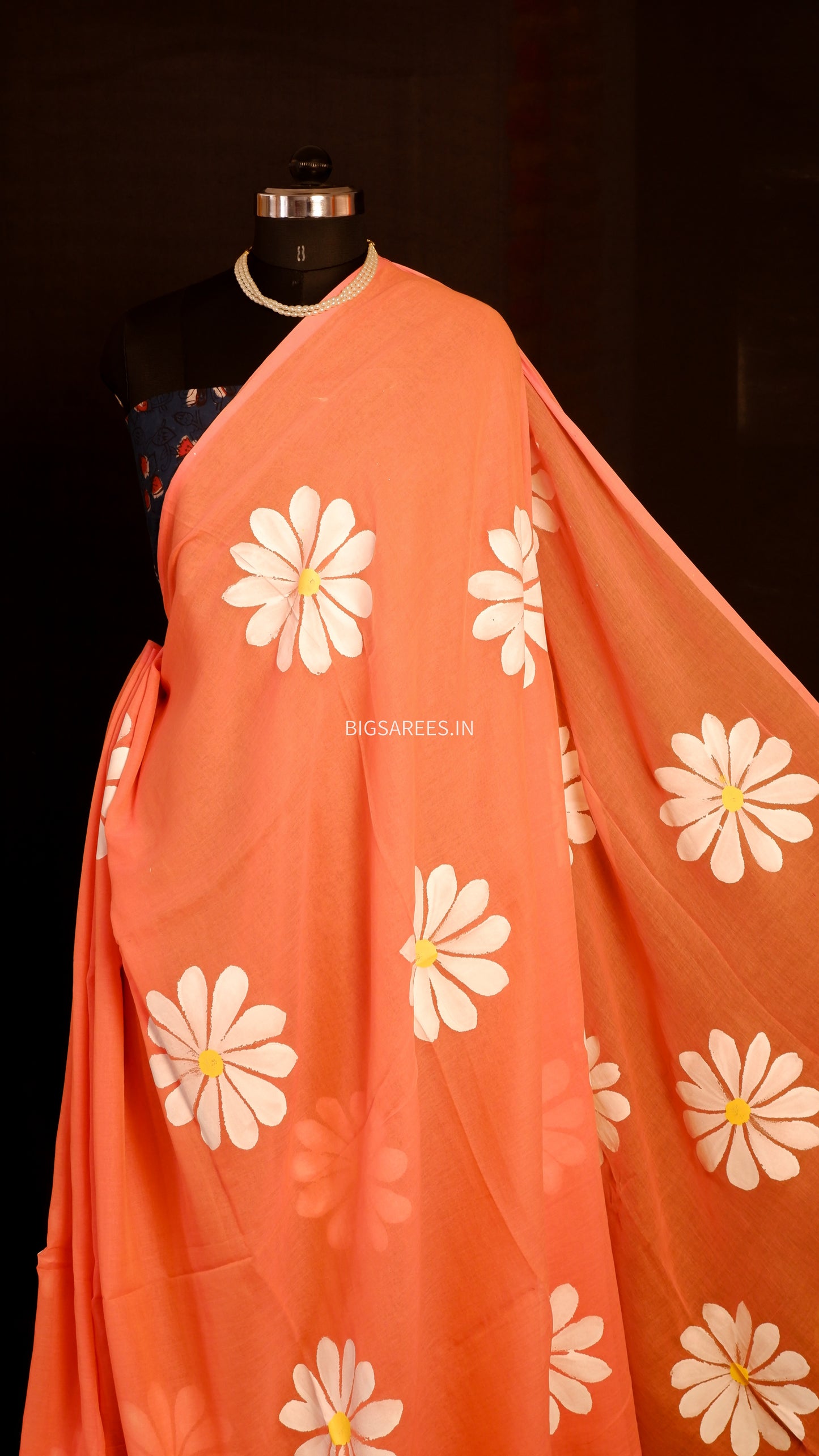Hand Painted Mul Cotton Saree with Blouse | Orange