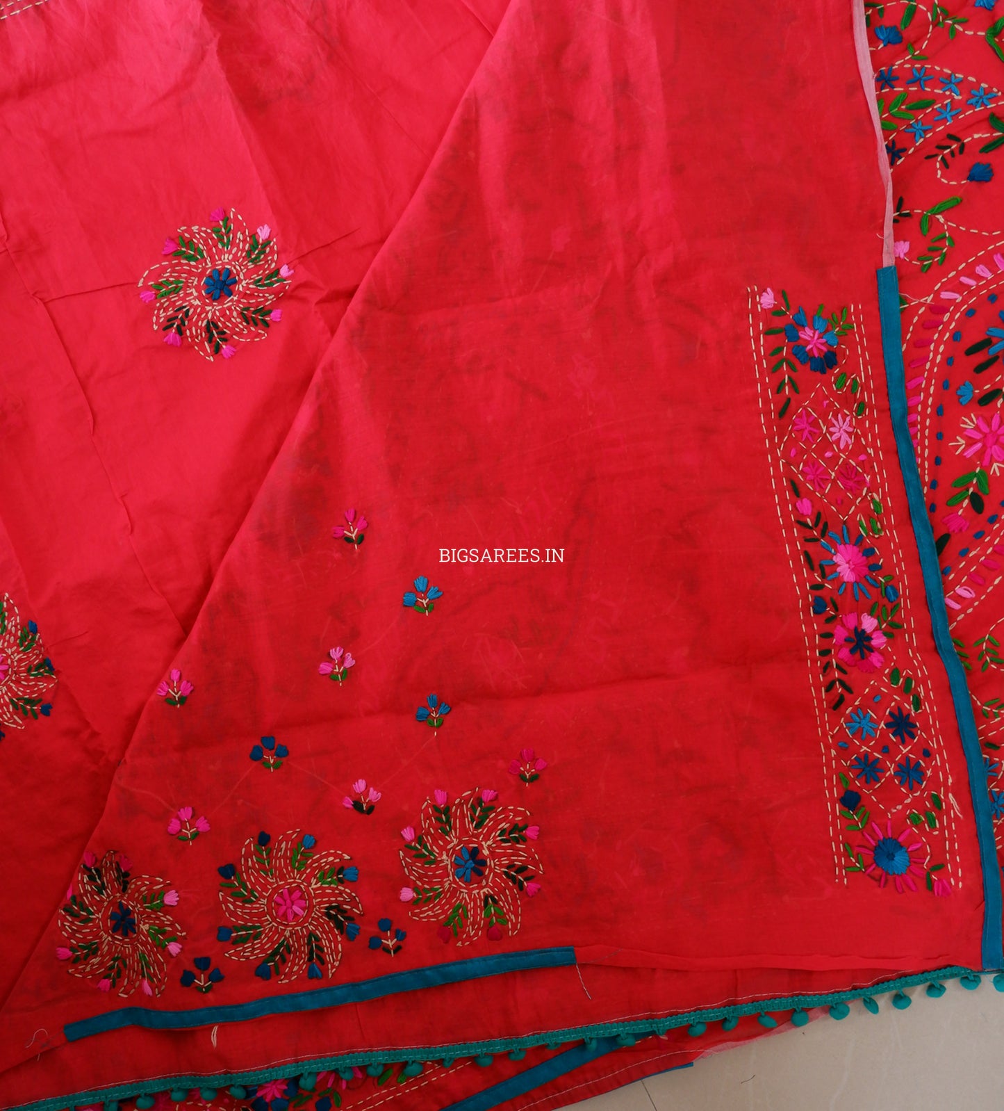 Phulkari Hand-Embroidered Saree | Chanderi Silk | Red