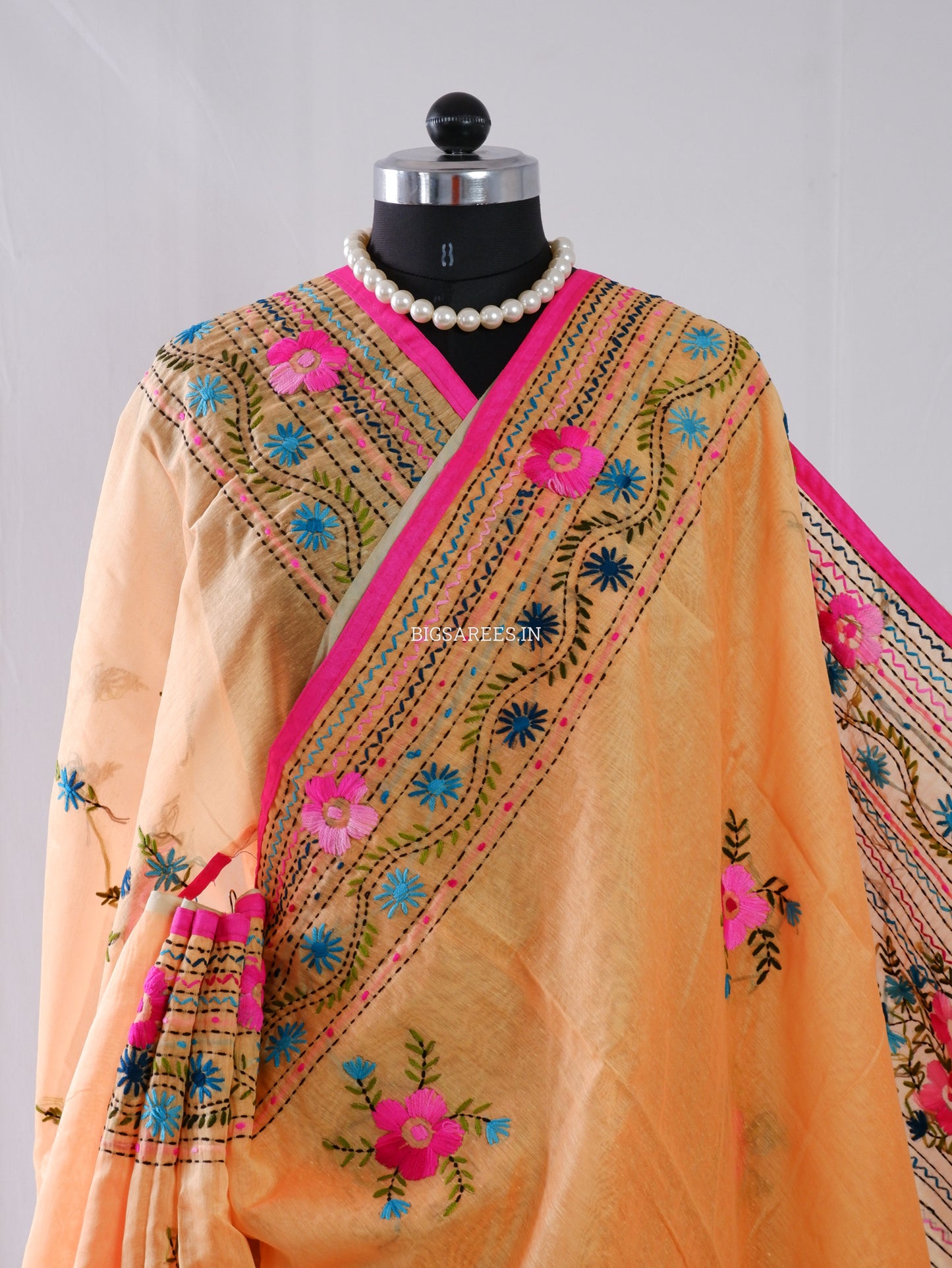 Phulkari Hand-Embroidered Saree | Chanderi Silk | Medium Chrome Yellow