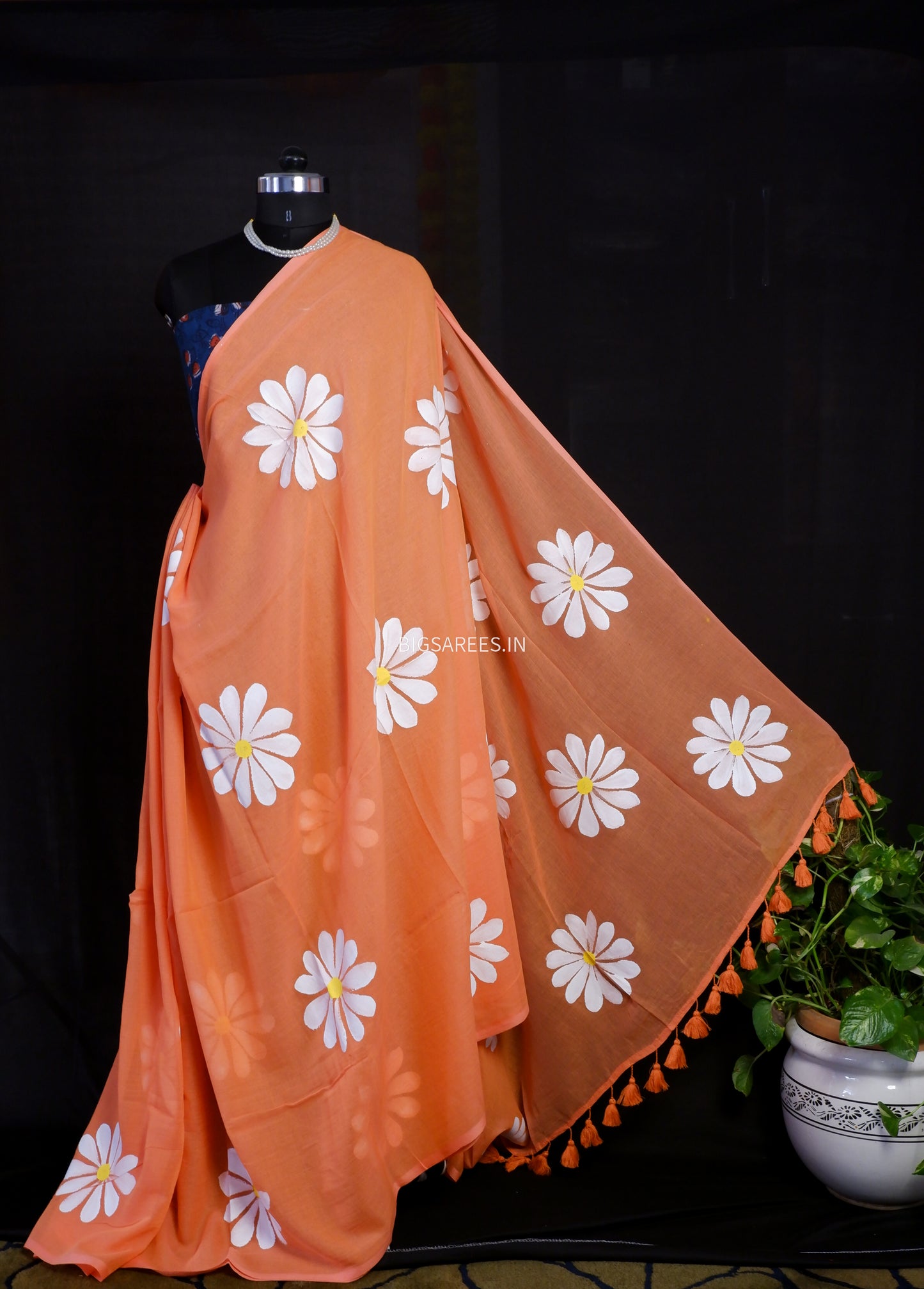 Hand Painted Mul Cotton Saree with Blouse | Orange