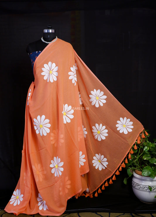 Hand Painted Mul Cotton Saree with Blouse | Orange