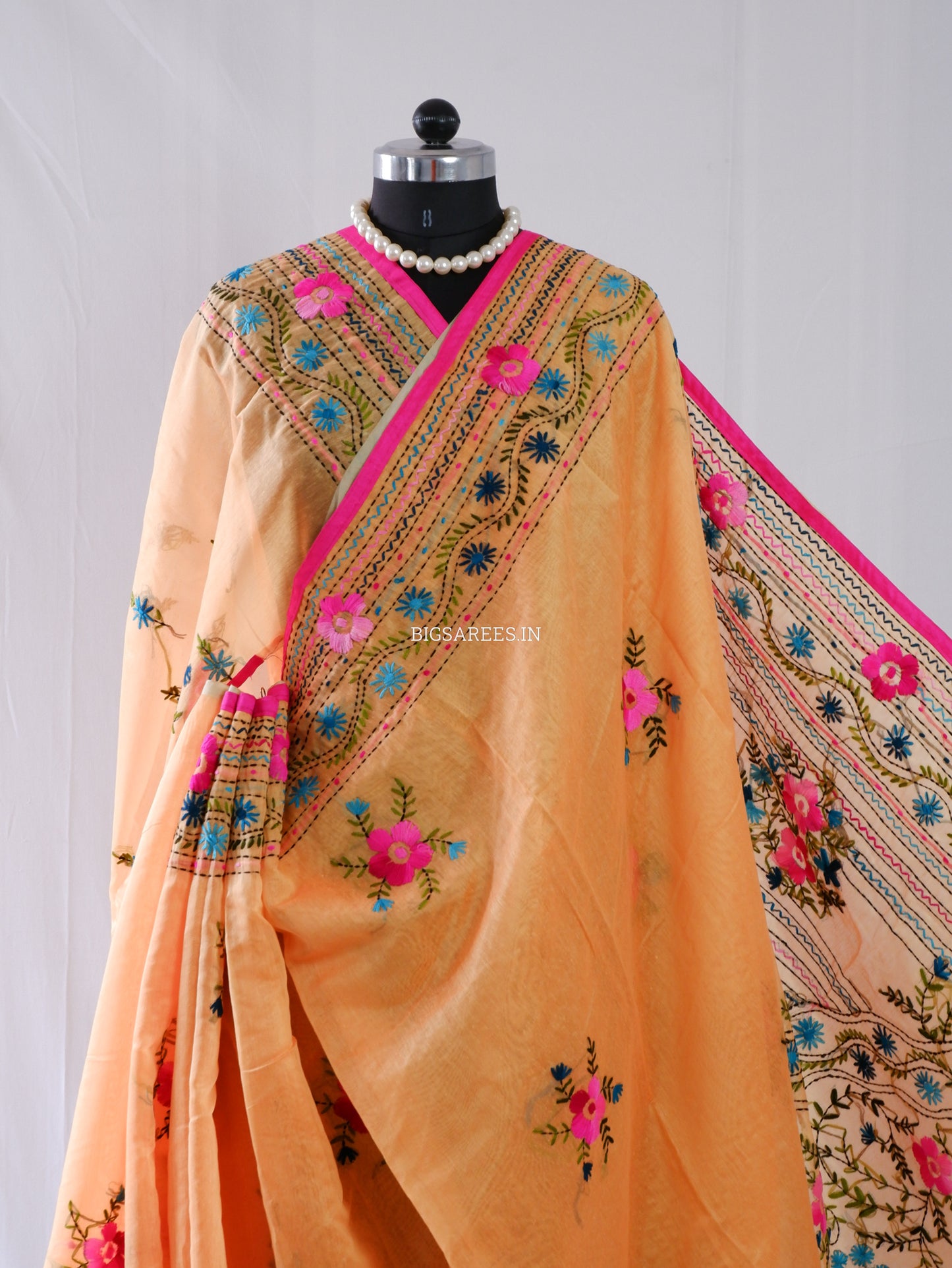 Phulkari Hand-Embroidered Saree | Chanderi Silk | Medium Chrome Yellow