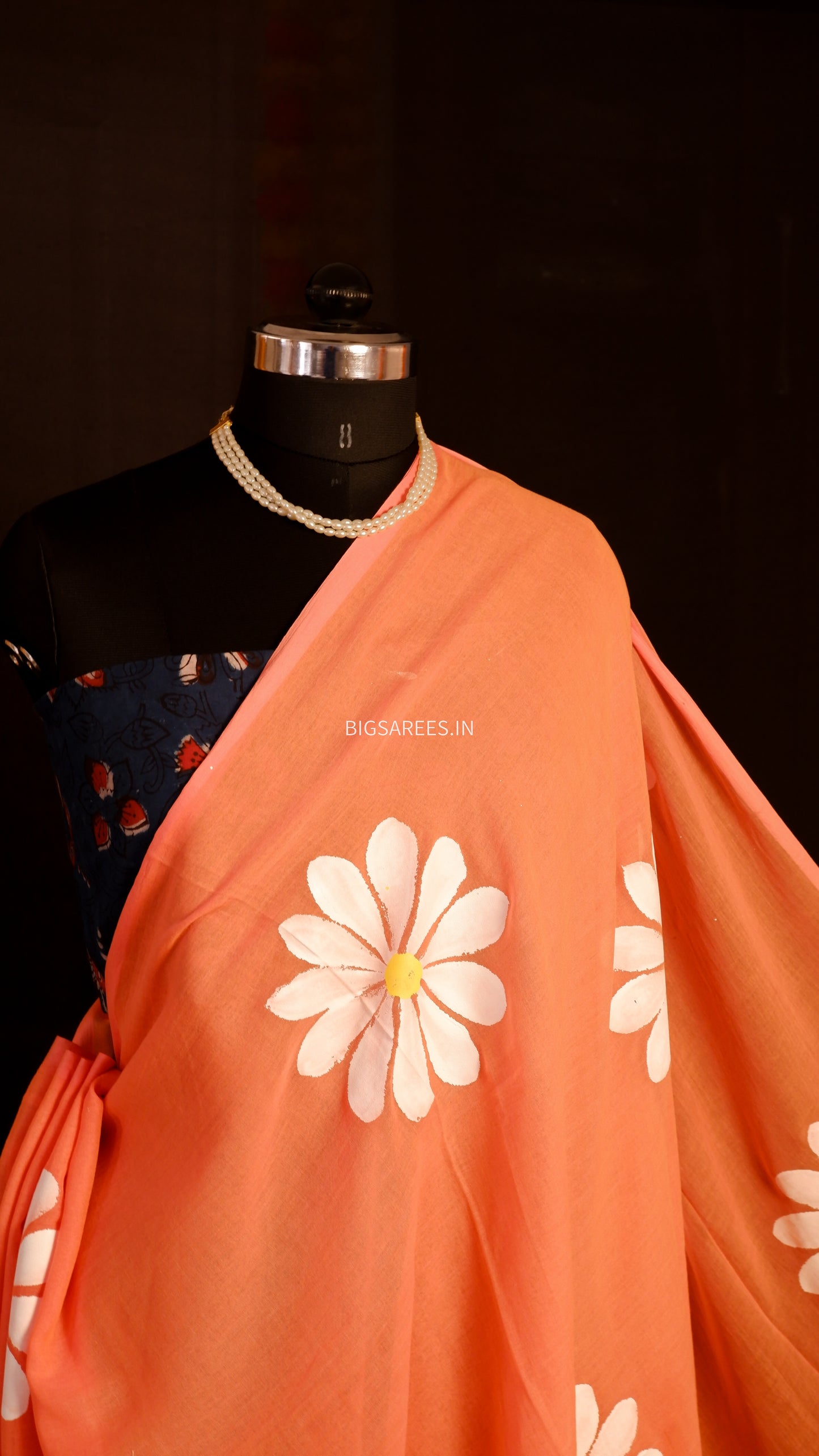 Hand Painted Mul Cotton Saree with Blouse | Orange