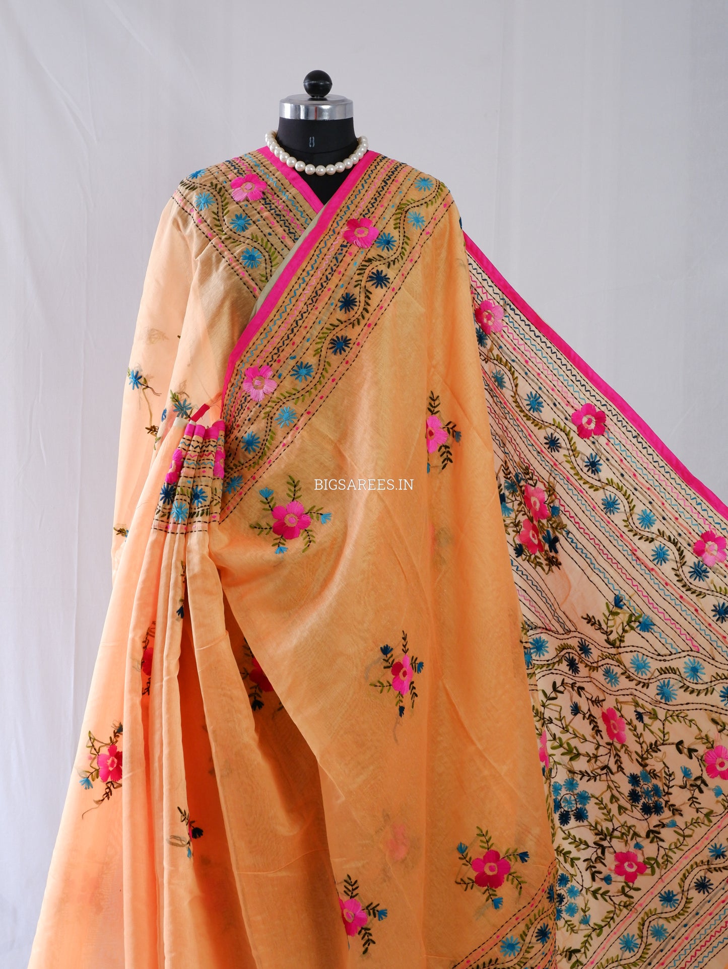 Phulkari Hand-Embroidered Saree | Chanderi Silk | Medium Chrome Yellow