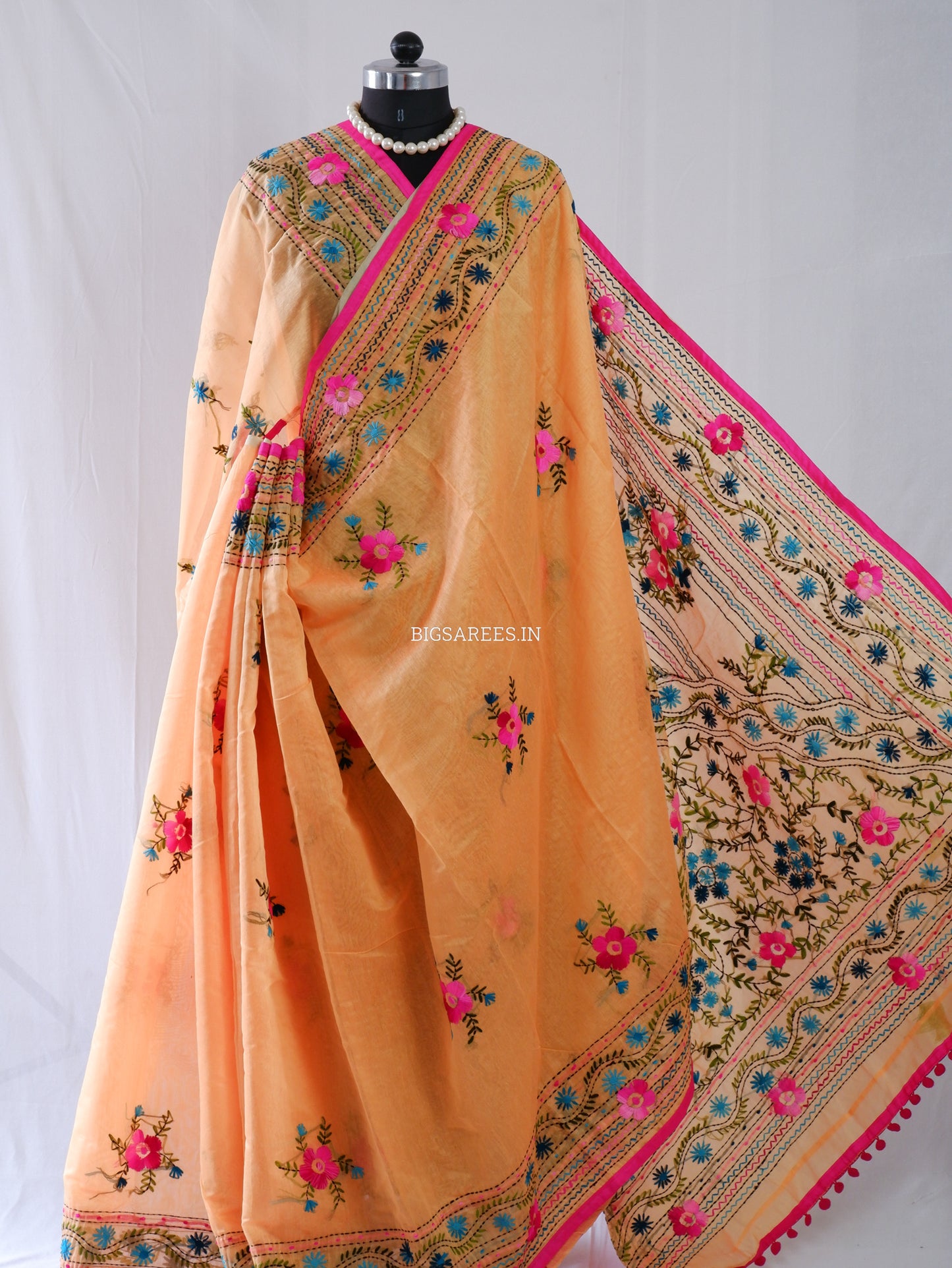 Phulkari Hand-Embroidered Saree | Chanderi Silk | Medium Chrome Yellow