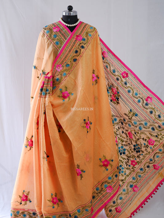 Phulkari Hand-Embroidered Saree | Chanderi Silk | Medium Chrome Yellow