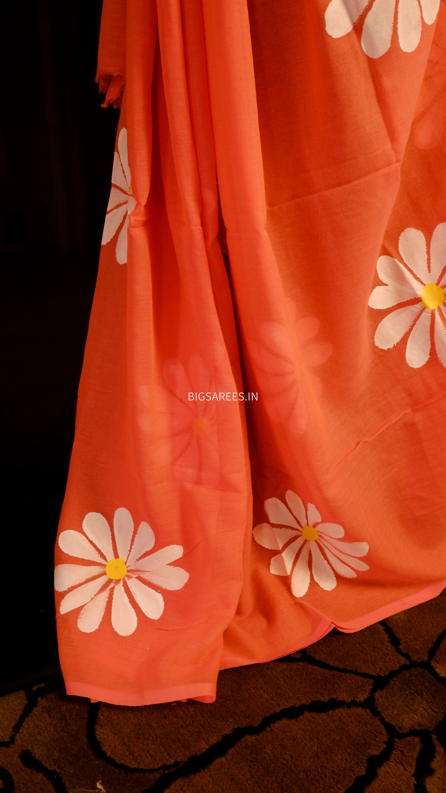 Hand Painted Mul Cotton Saree with Blouse | Orange